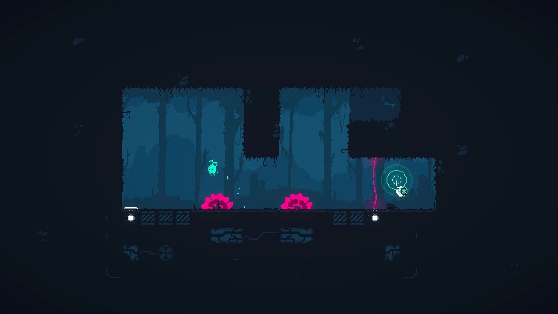RESEED: Character jumping over pink traps in a dark forest cave environment