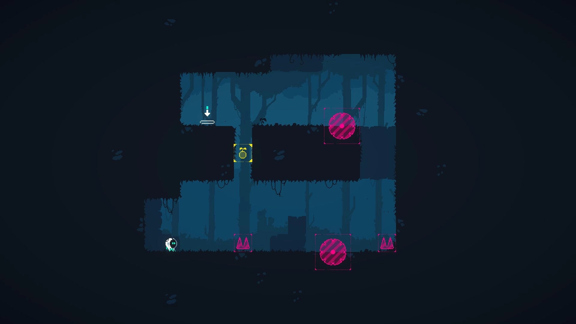 RESEED: Character navigates platforming level with highlighted traps and obstacles in dark forest setting