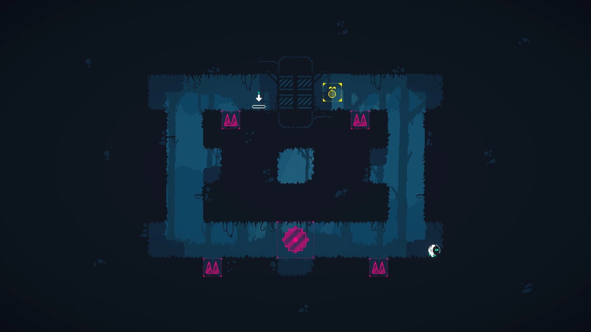 RESEED: Platformer level with spiked obstacles and glowing player character navigating a dimly lit cave