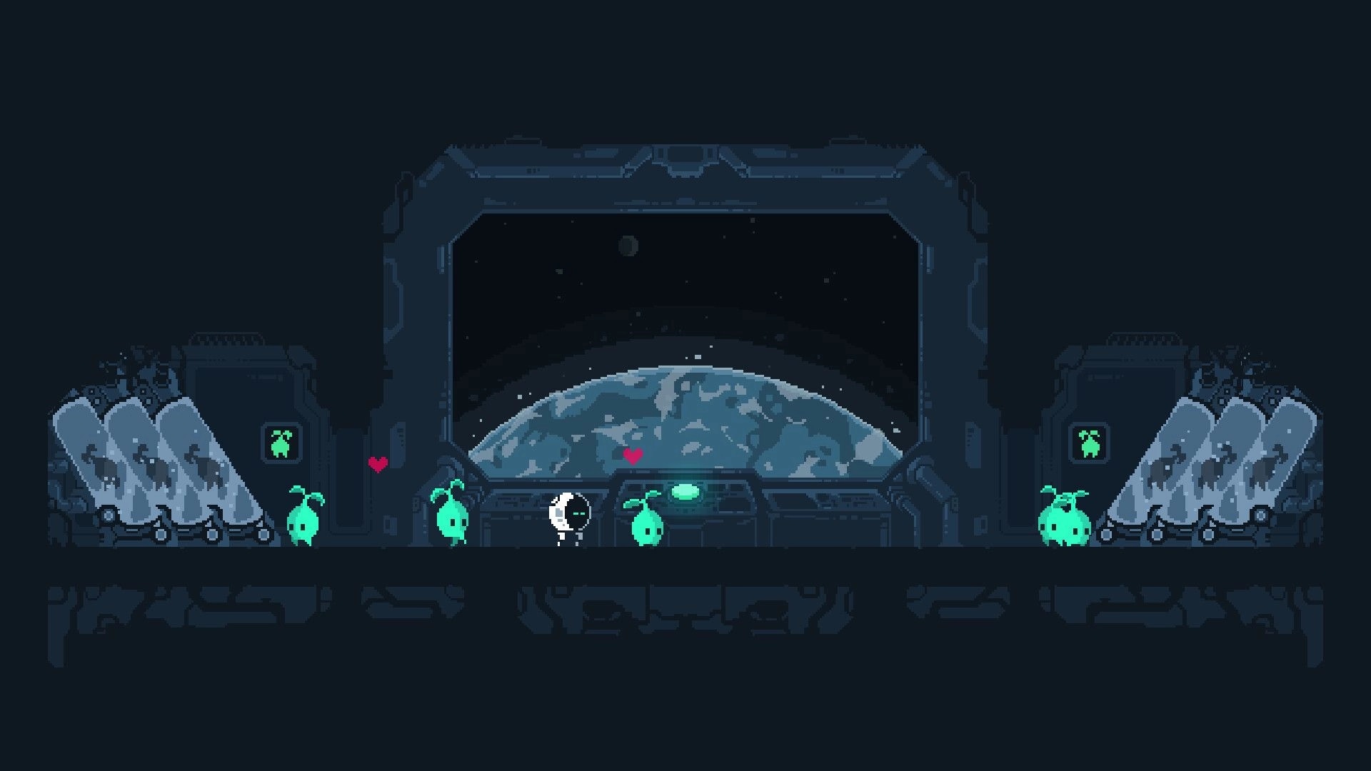 RESEED: Character interacts with green seeds in a space station overlooking a planet in the background.