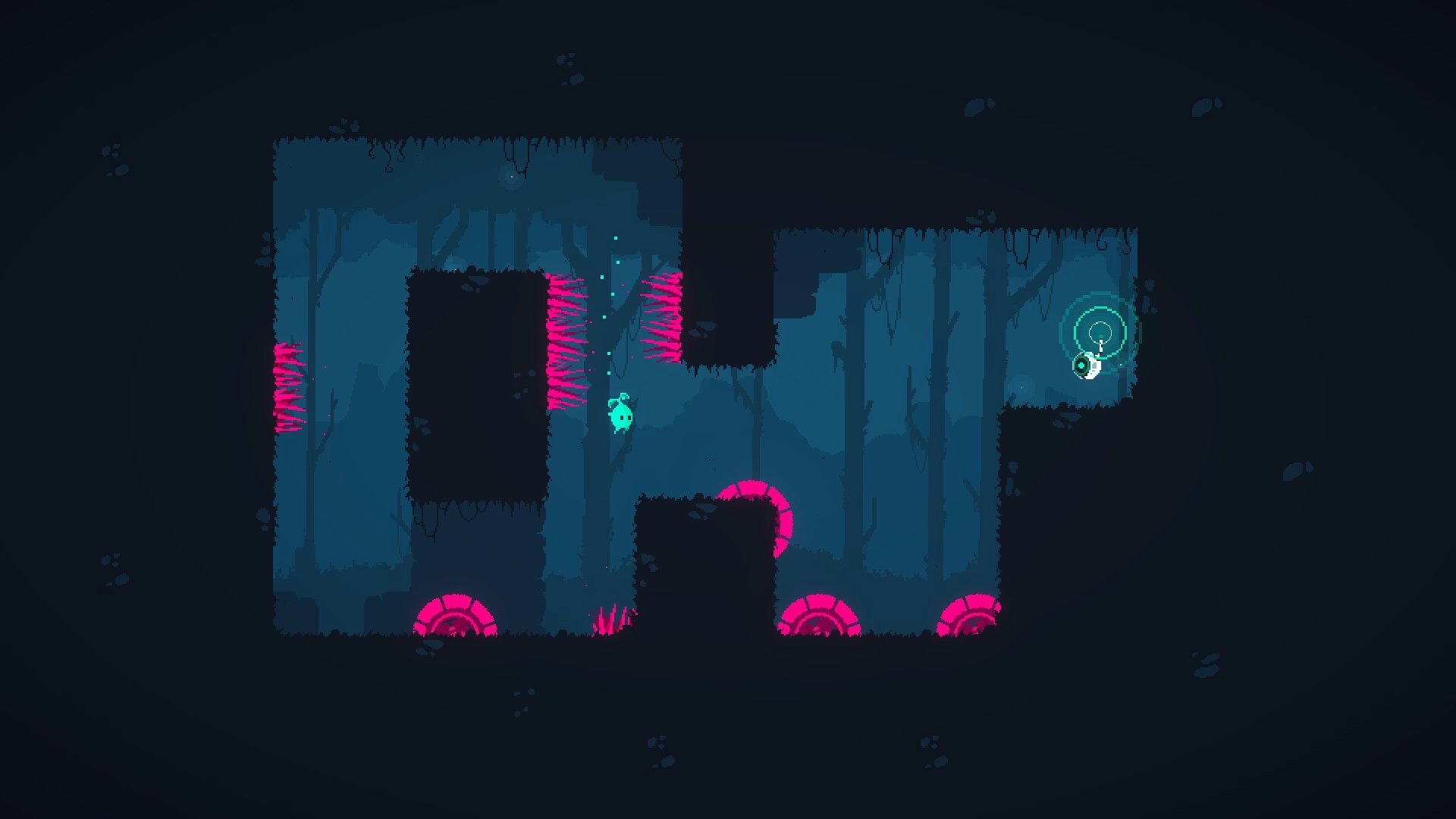 RESEED: Character navigates dark cave with glowing obstacles and hidden traps in a platformer level