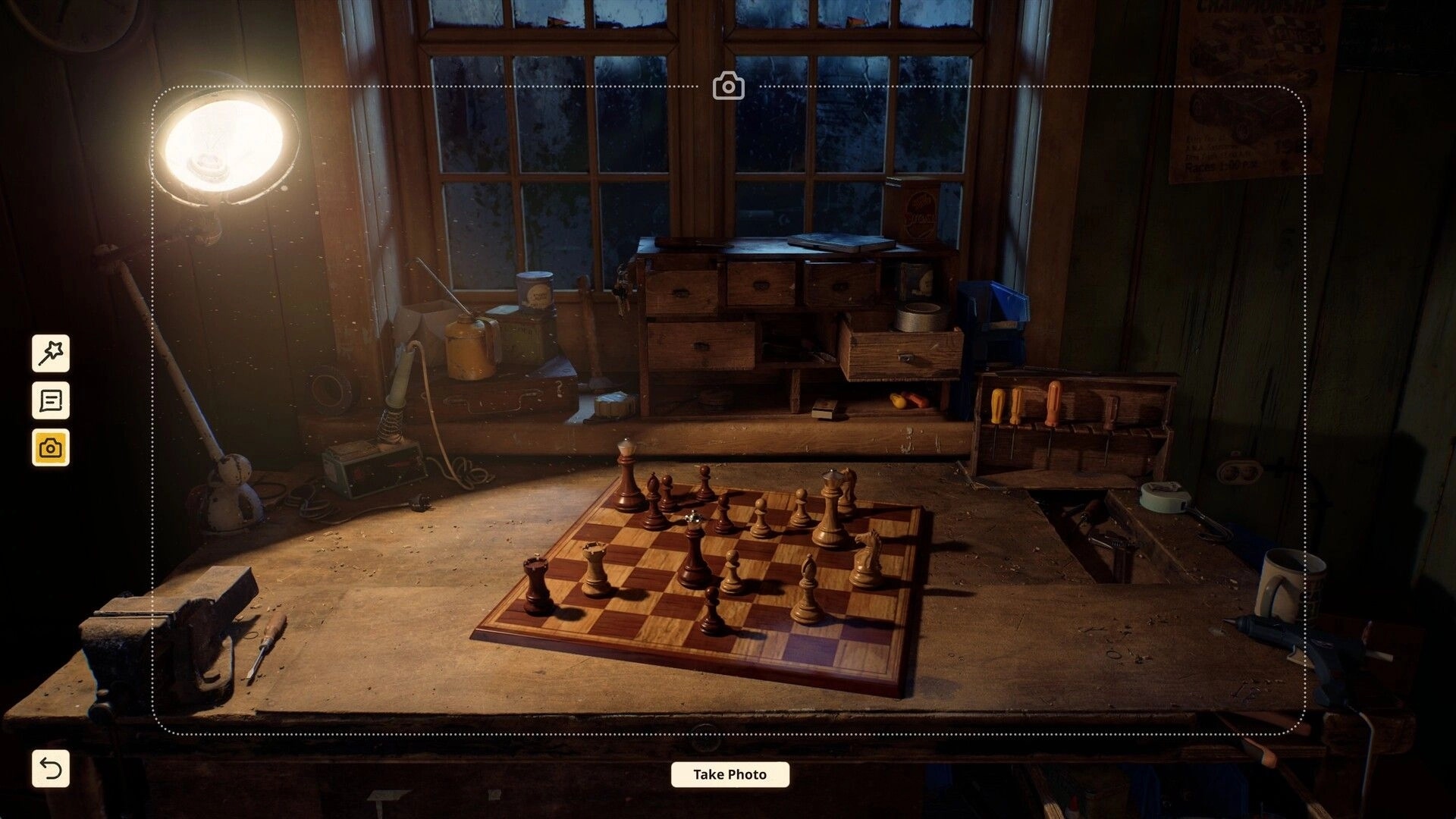 Reshine: Photo mode framing a dusty chessboard on a workbench in a dim workshop by windows.