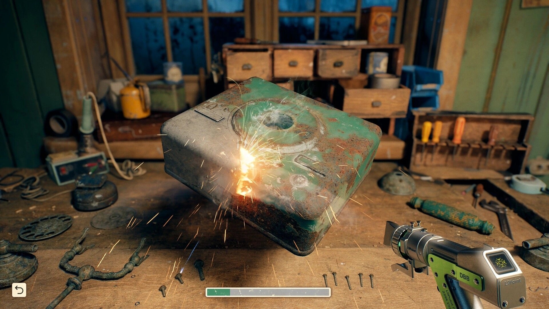 Reshine: Laser tool removes rust from a metal tank on a cluttered workshop bench with progress bar UI.