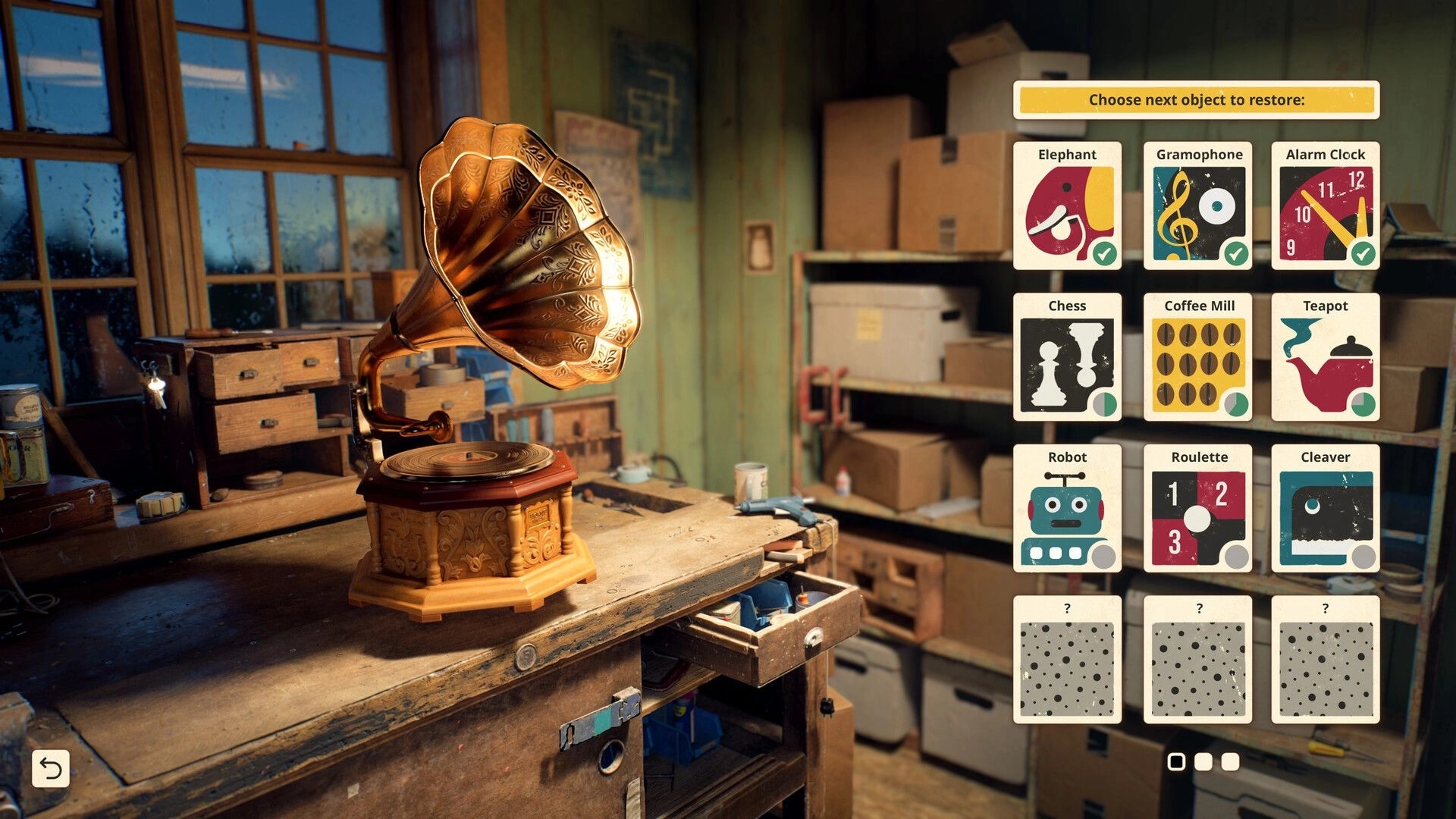 Reshine: Choose next object to restore menu beside a gramophone on a cluttered workshop bench.