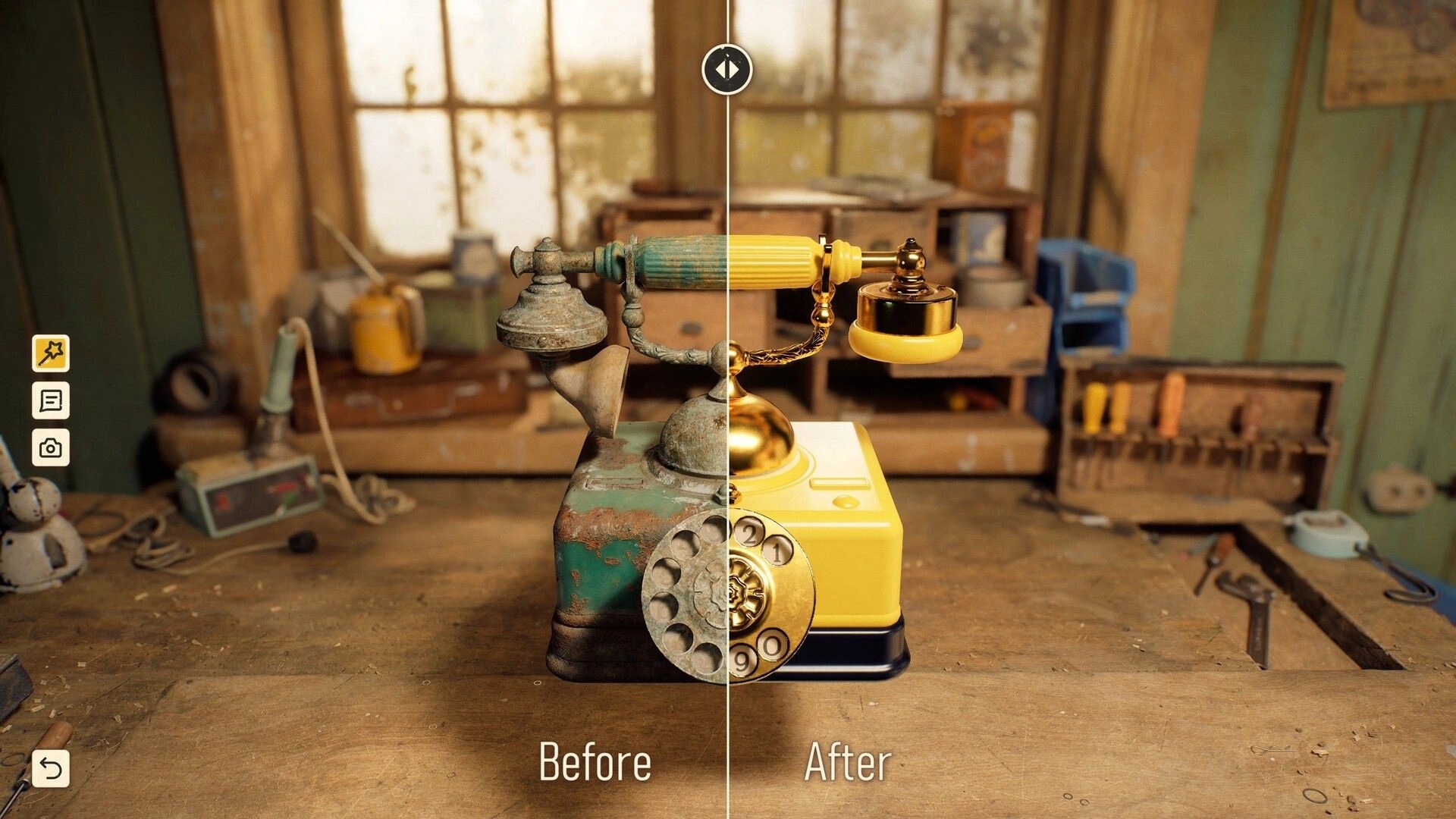 Reshine: Before-and-after split of a restored vintage rotary phone on a cluttered workshop bench UI.