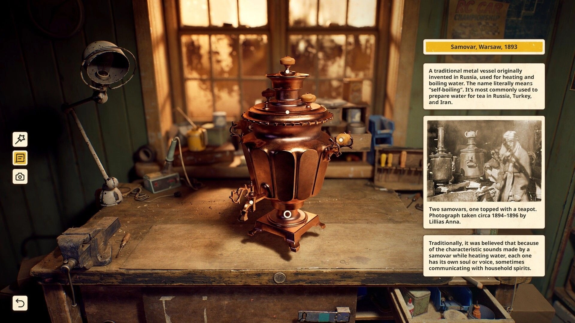 Reshine: Polished copper samovar on a workbench with info panel and tool icons in workshop.