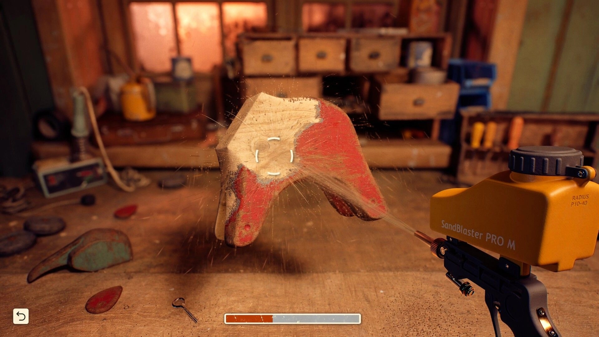 Reshine: Sandblasting a red wooden object on a workshop bench with crosshair and progress bar UI.