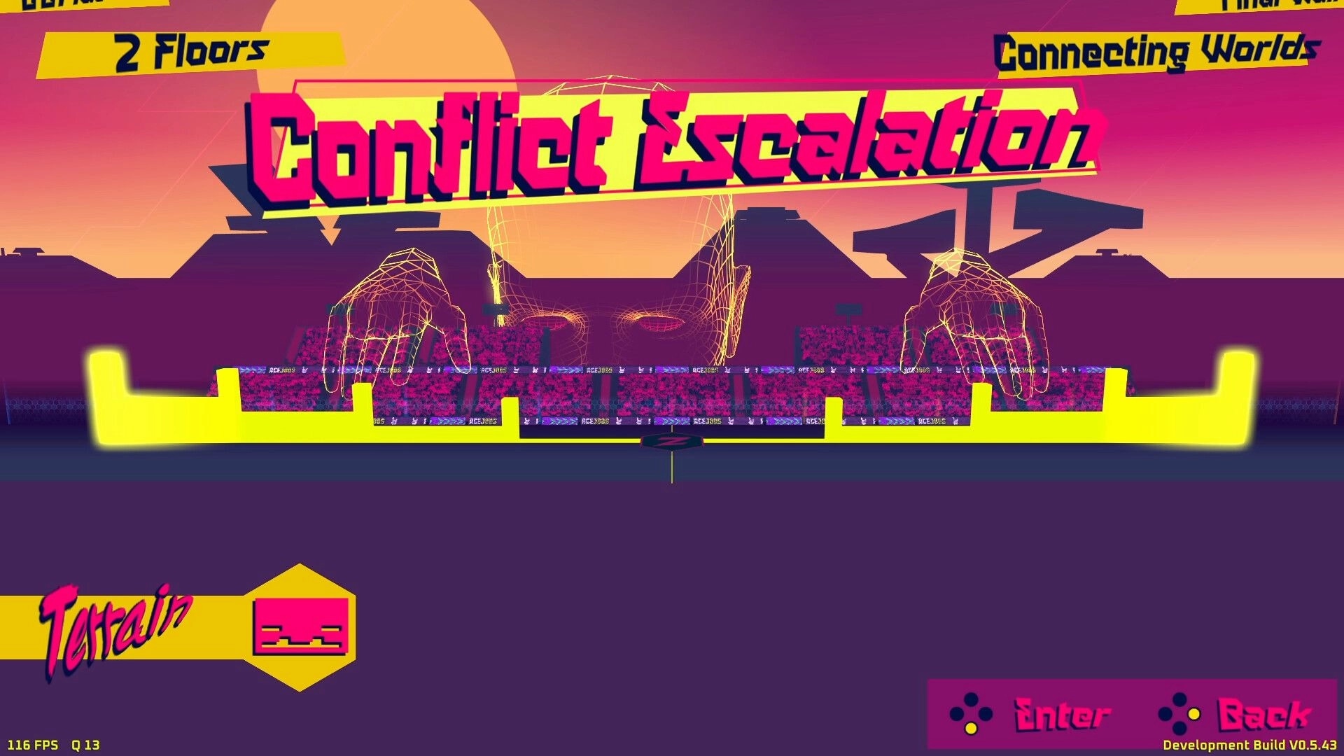 Resistance 204X: Vibrant level selection screen with "Conflict Escalation" title and wireframe hands