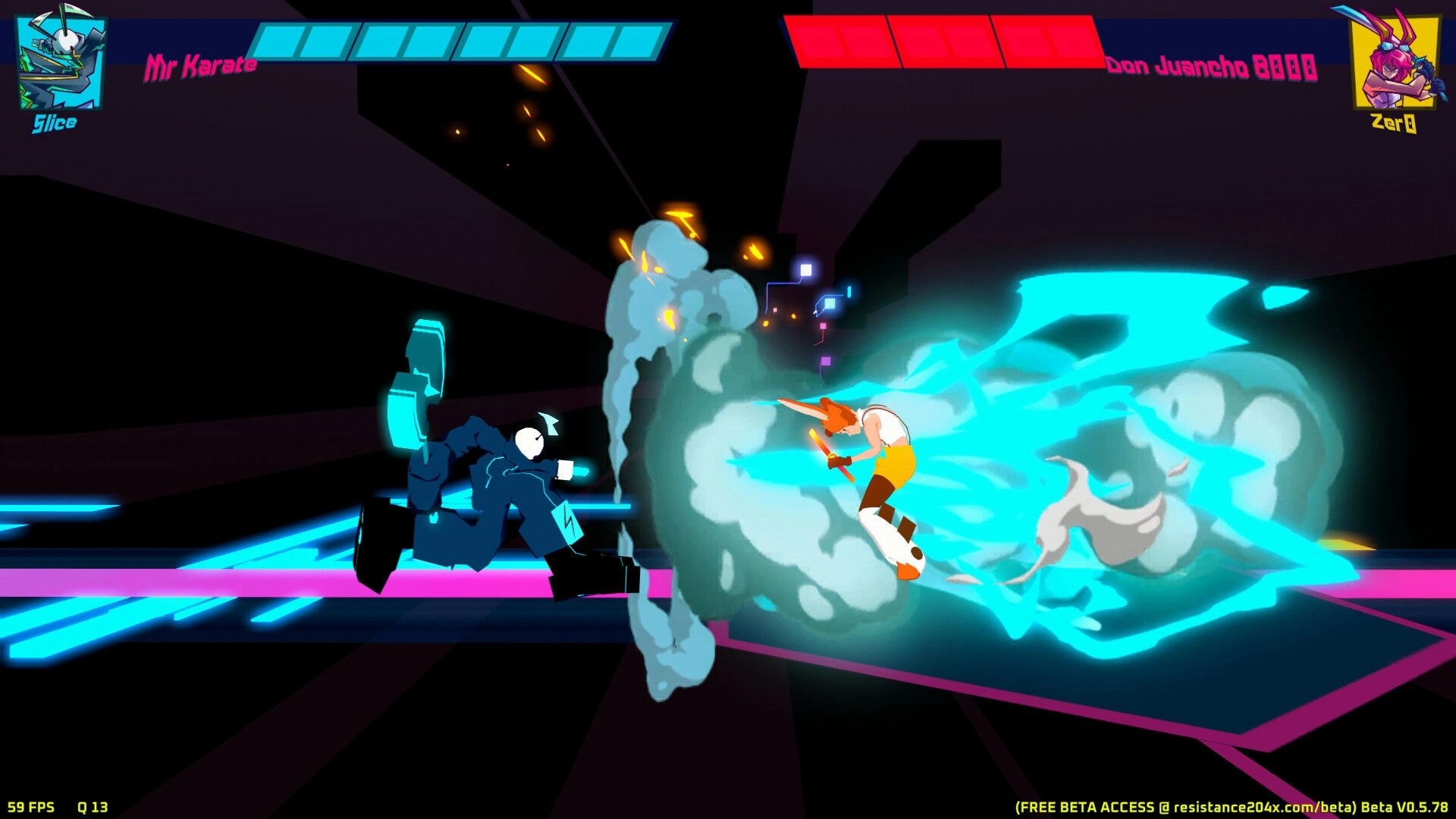 Resistance 204X: Mr. Karate and Don Juancho in intense combat with energy blasts in futuristic arena.