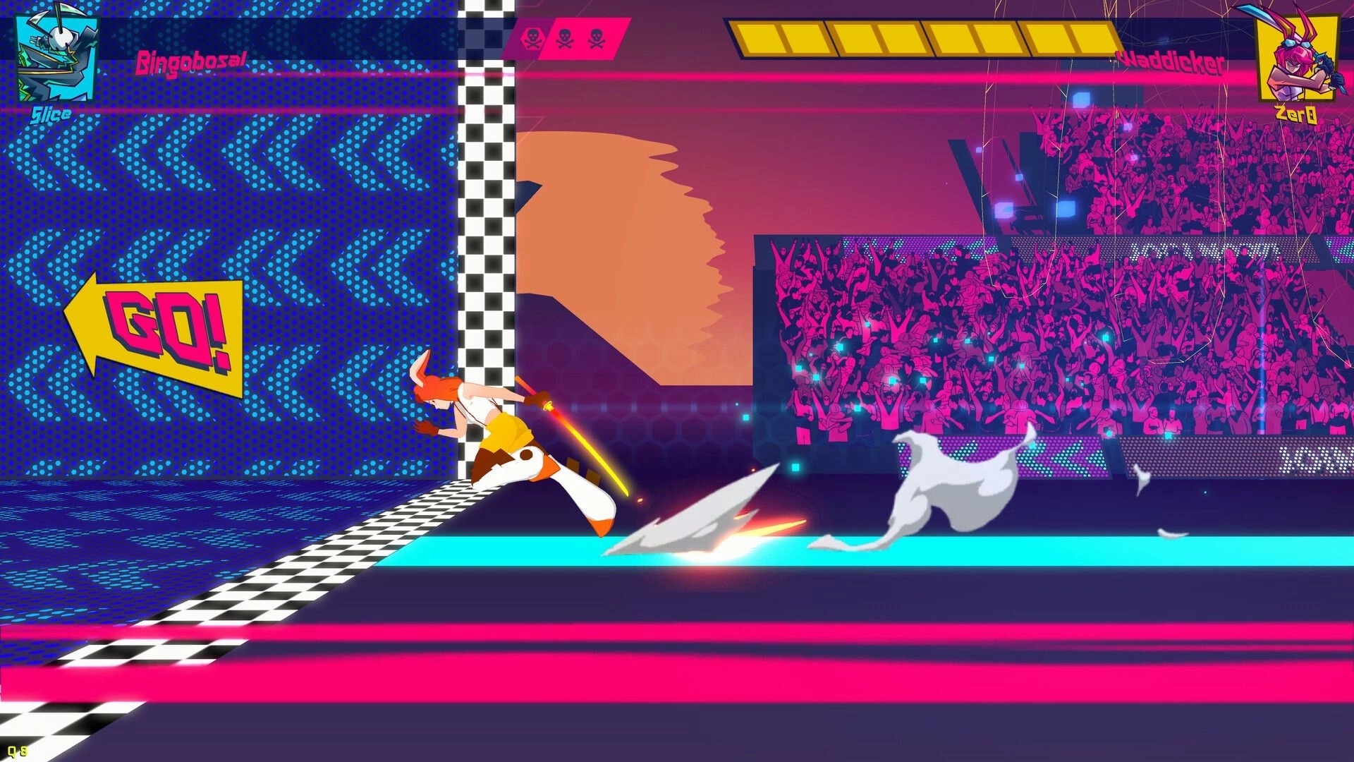 Resistance 204X: Character dashes toward finish line in vibrant arena with cheering crowd backdrop