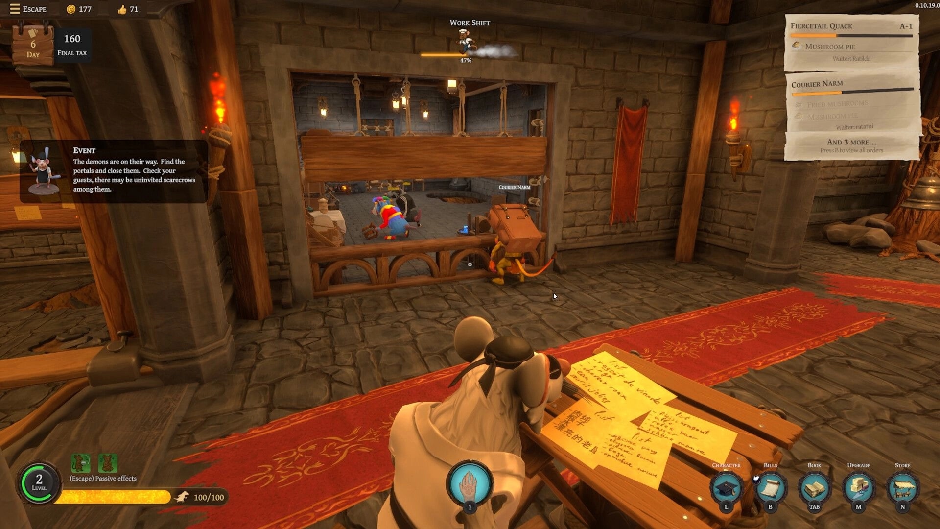 Restaurats: Rat chef plans menu at desk in medieval kitchen with active work shift and event alert.