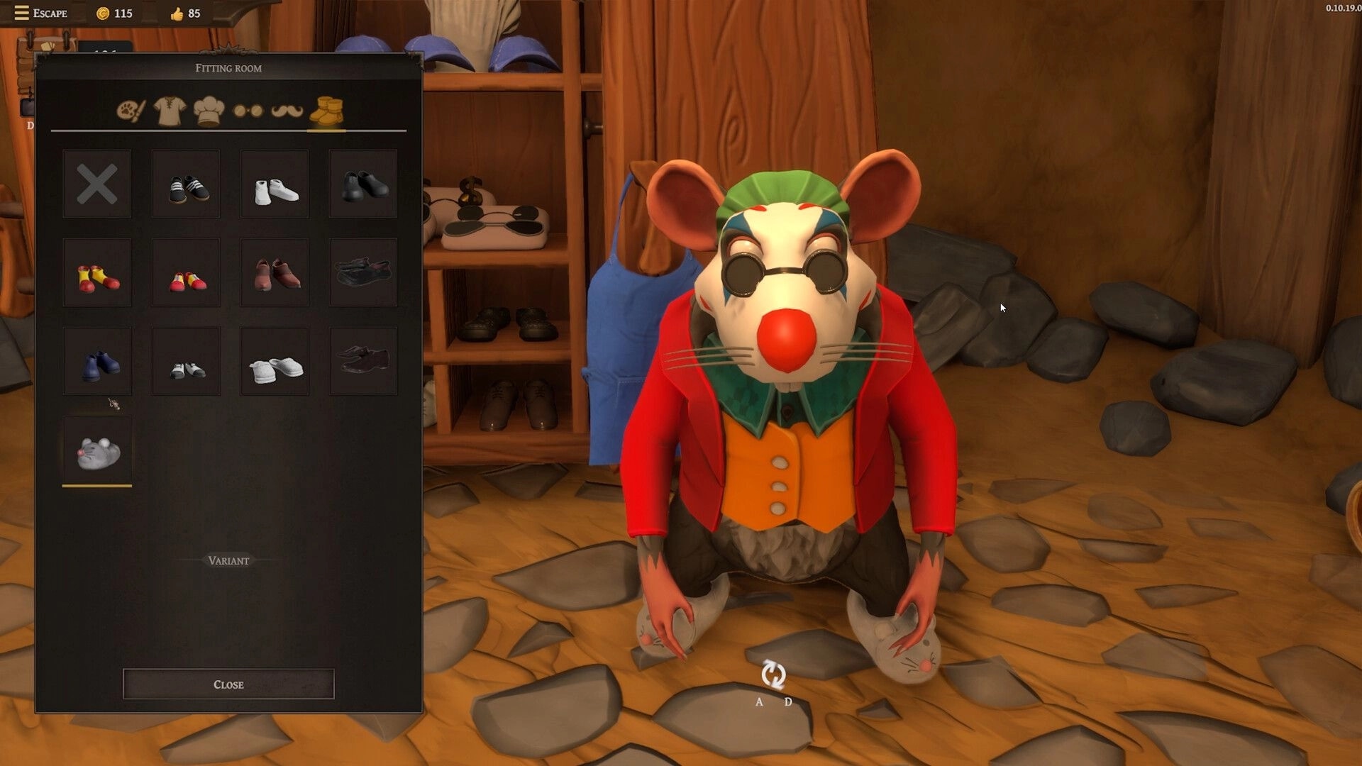 Restaurats: Rat character in fitting room with shoe selection menu, wearing red jacket and green hat