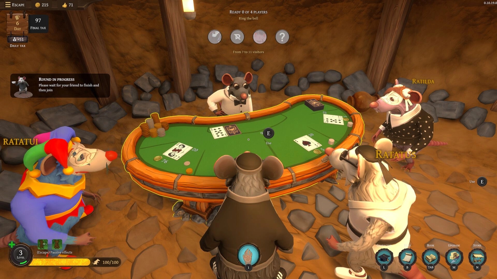 Restaurats: Rats playing poker around a table in a medieval cave setting, with UI elements visible.