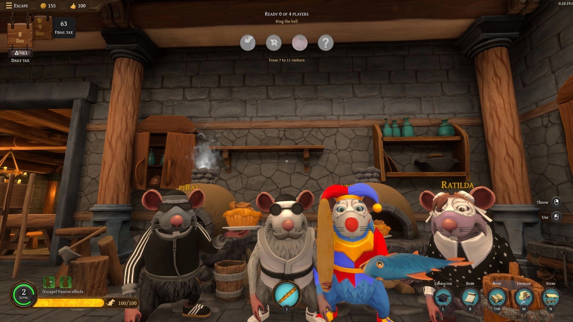 Restaurats: Four rats in medieval kitchen gear with pies and fish, ready for co-op cooking challenge.