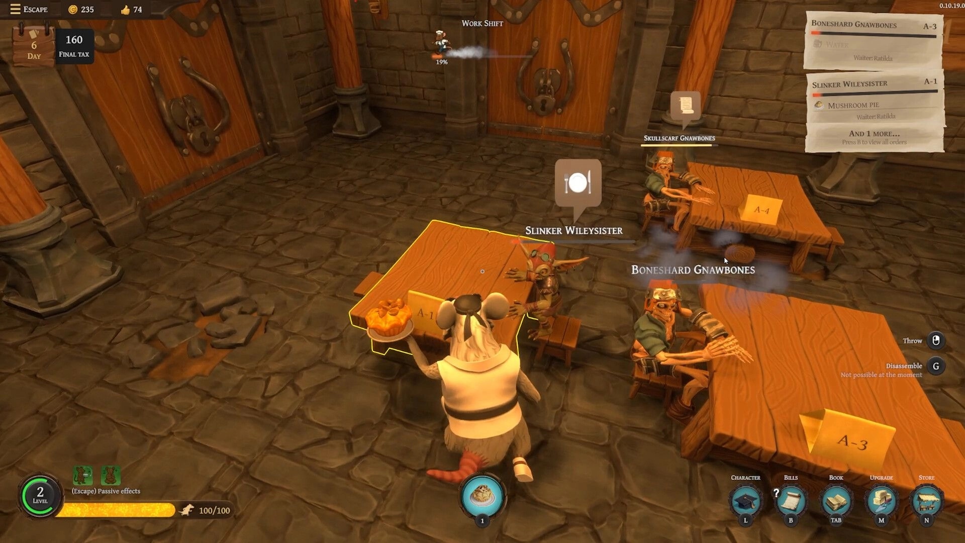Restaurats: Rat chef serves pie to Slinker Wileysister in medieval dining room; UI shows orders and stats.