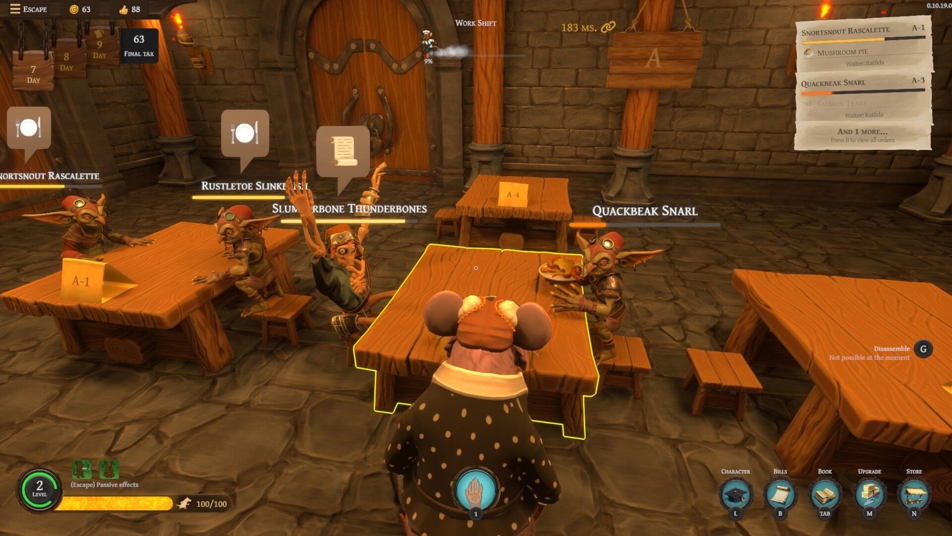 Restaurats: Rat chef serves food to goblin guests in medieval restaurant setting with UI elements visible.