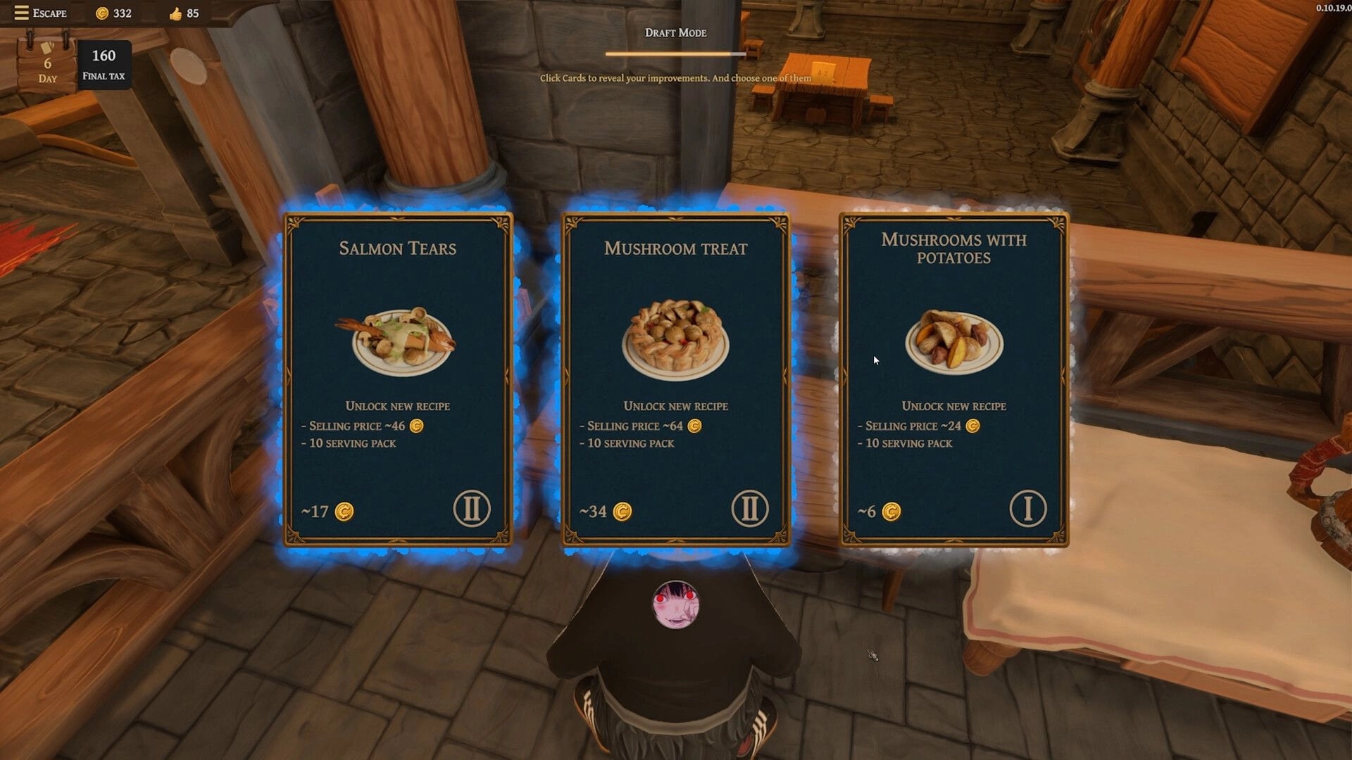 Restaurats: Recipe selection menu with three dishes in a medieval tavern setting