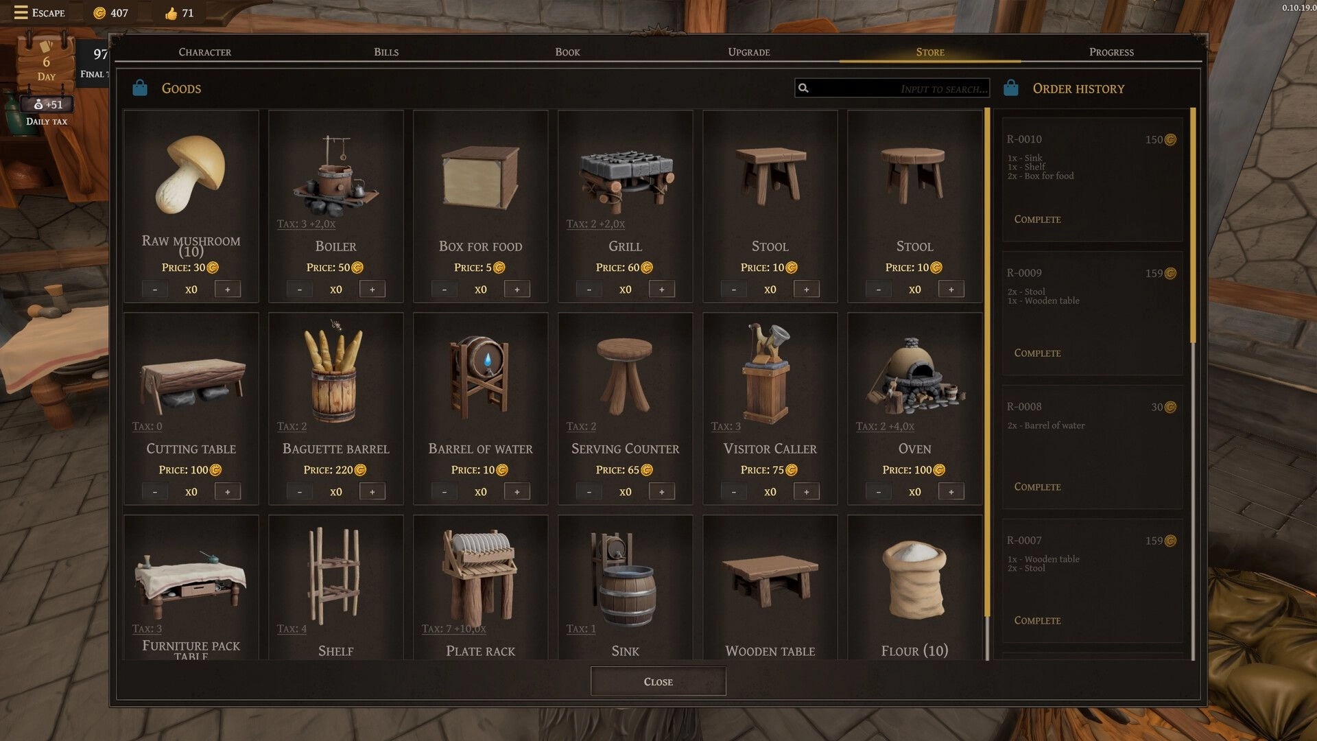 Restaurats: In-game store interface displaying various medieval kitchen items and prices on a wooden backdrop.