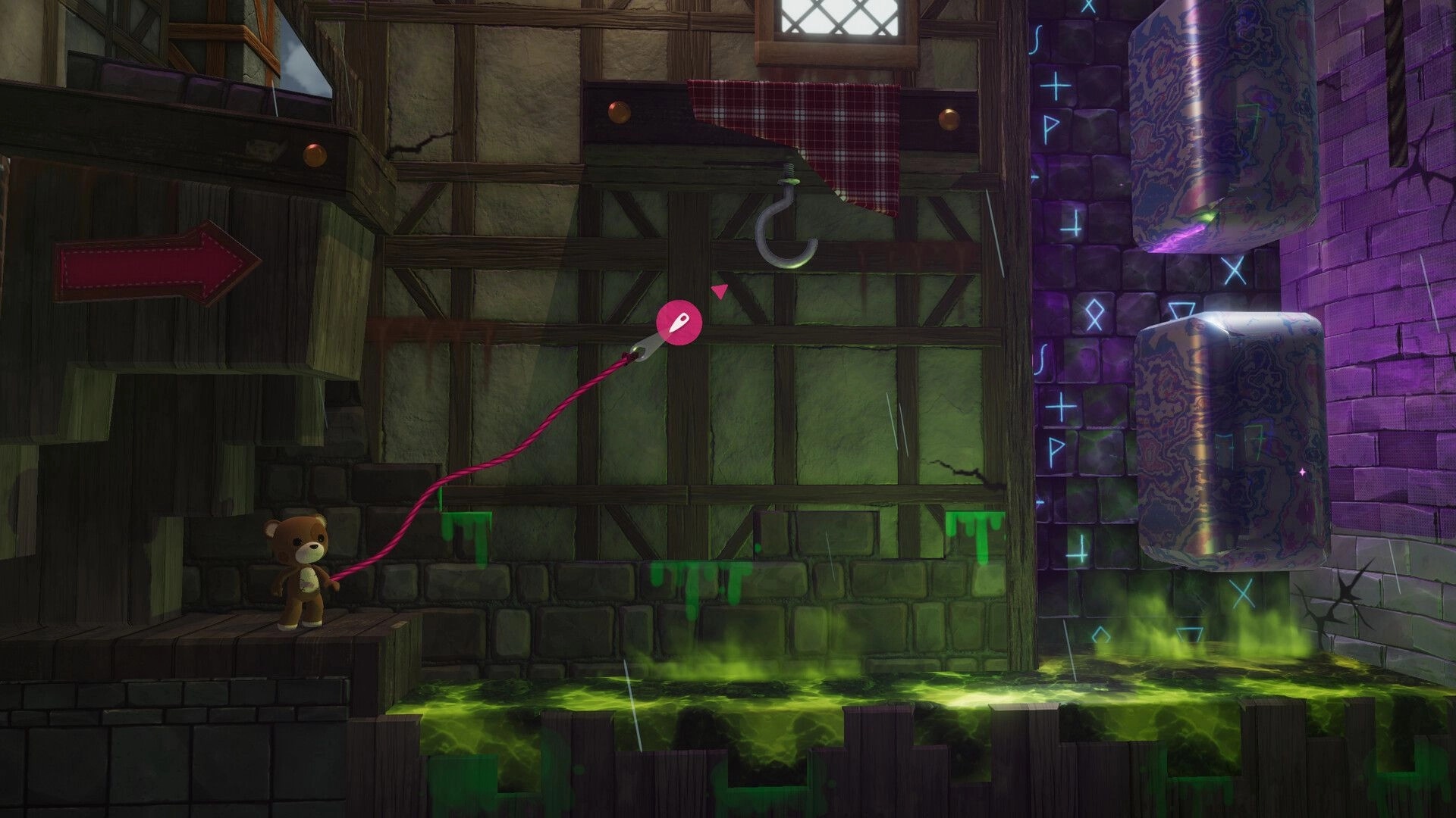 Restitched: Teddy character tethers a pink thread to a hook in a rainy room above toxic slime pit.