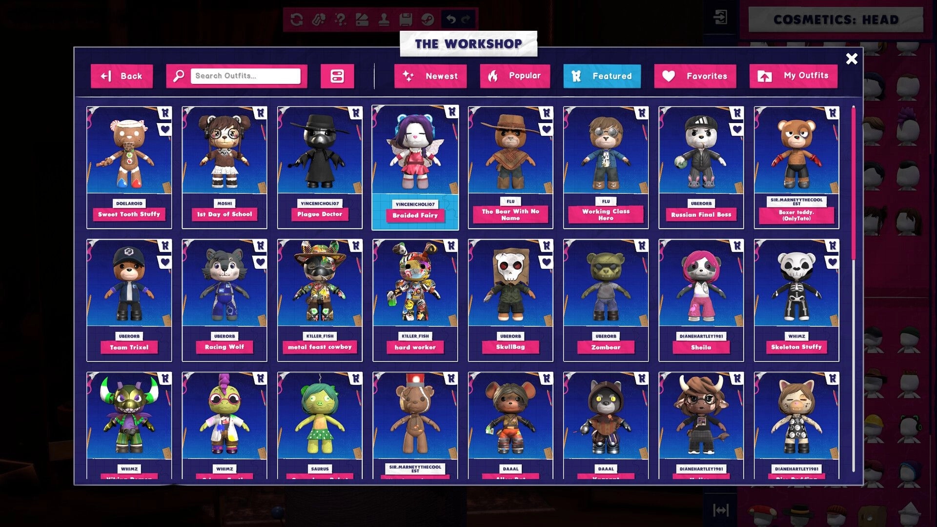 Restitched: Workshop outfits browser with plush character skins grid, search bar and Popular tab menu.