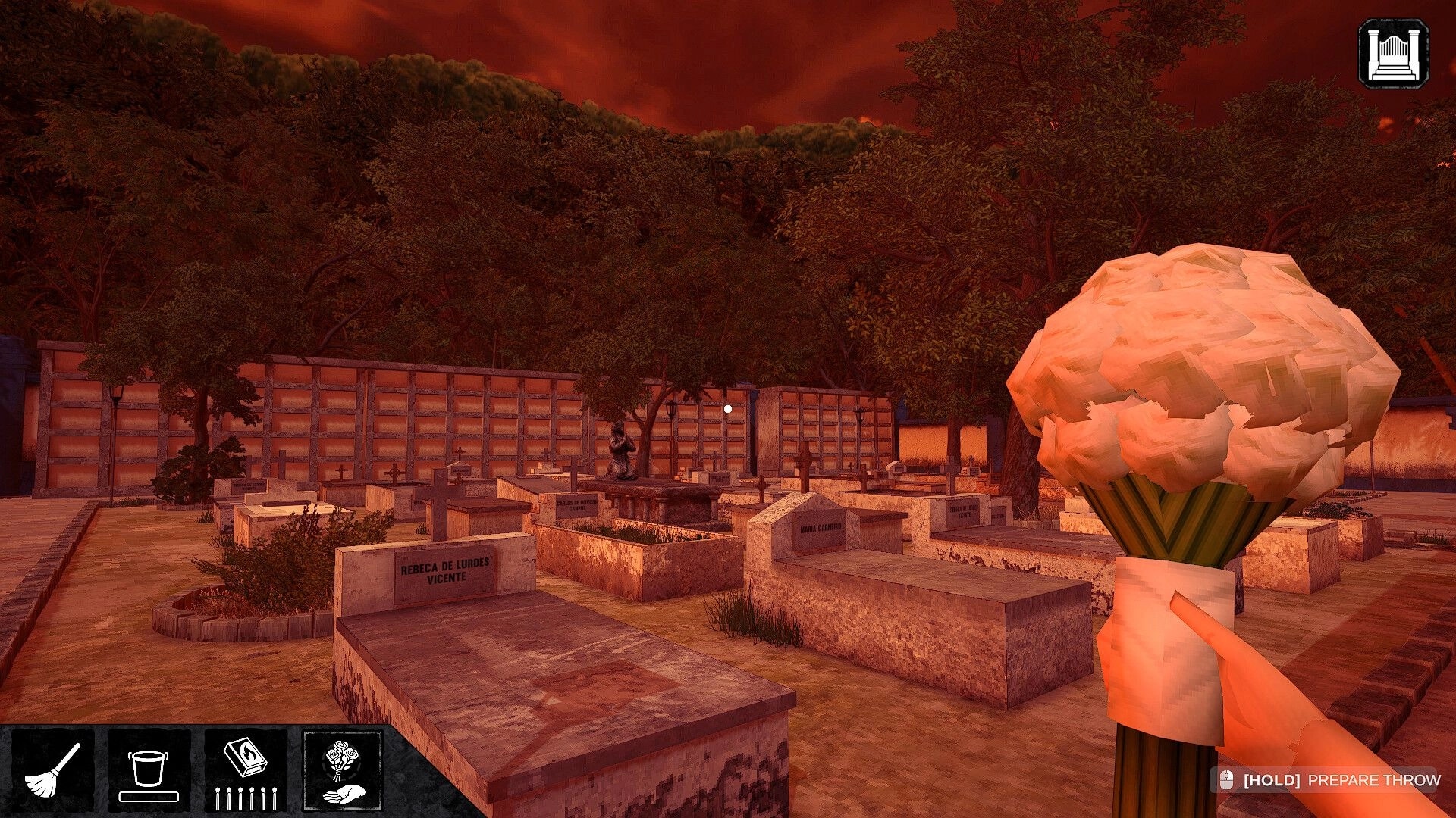 Restless Rites: Holding bouquet in graveyard at dusk, UI shows cleaning tools and darkening sky.