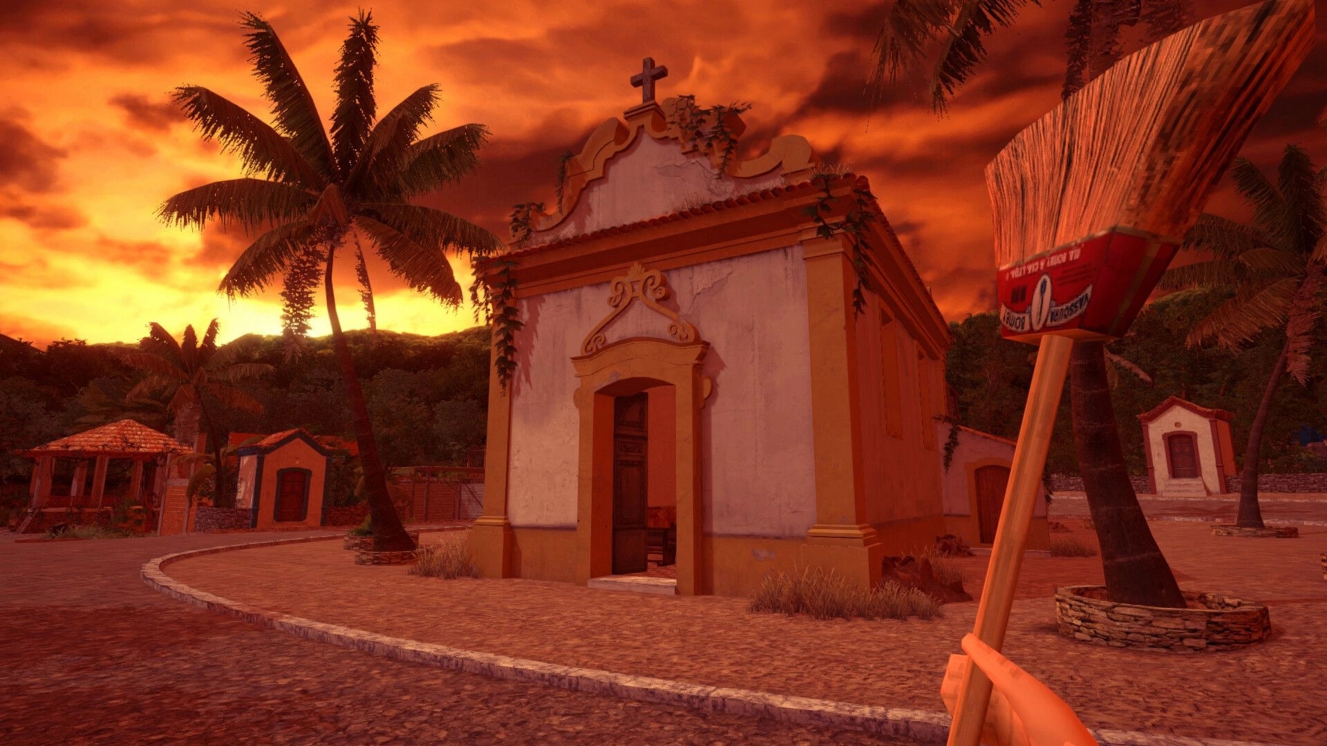 Restless Rites: Player holding broom outside chapel under ominous sky with palm trees surrounding