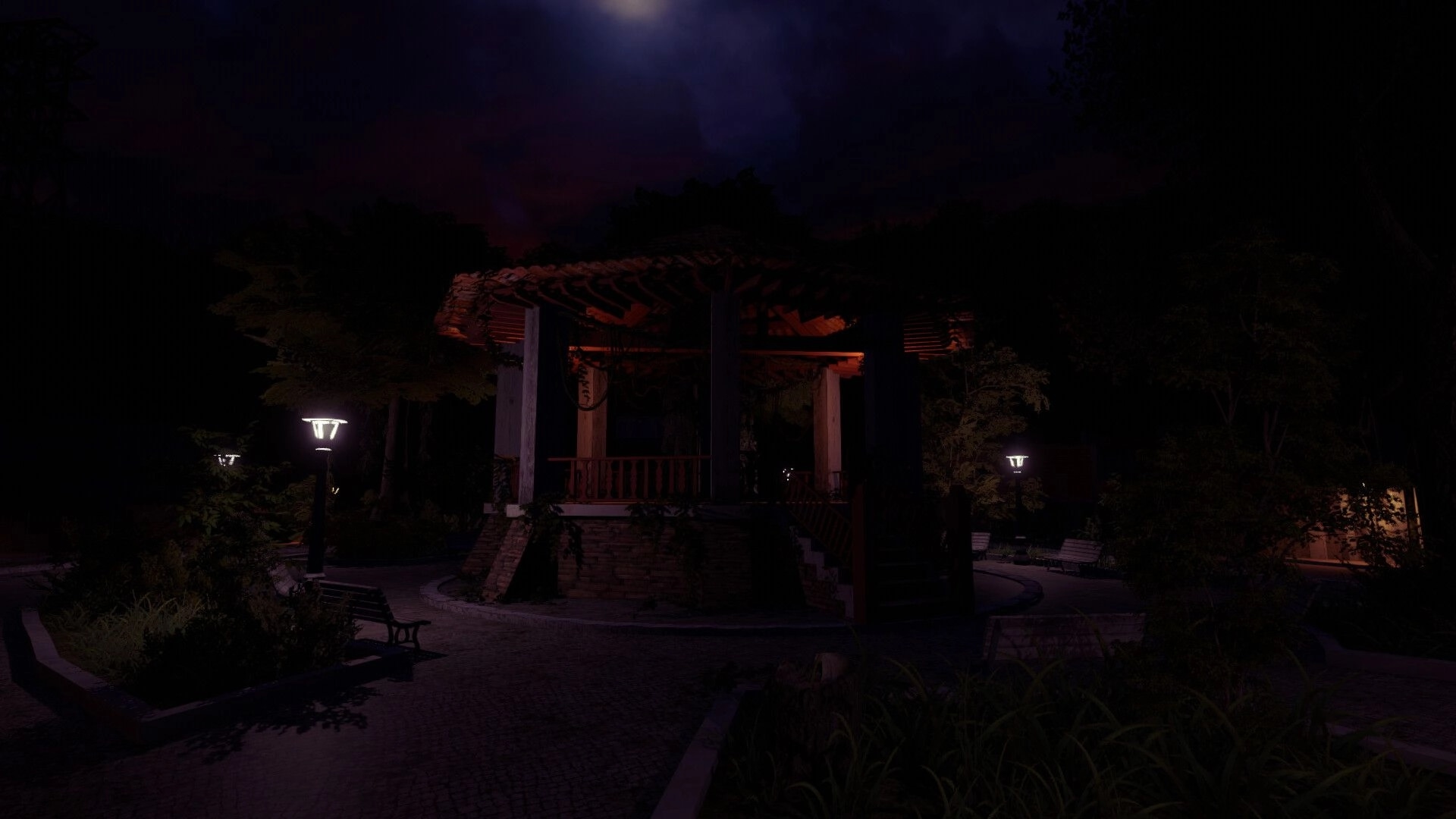 Restless Rites: Moonlit gazebo surrounded by trees and benches in a dimly lit park setting.