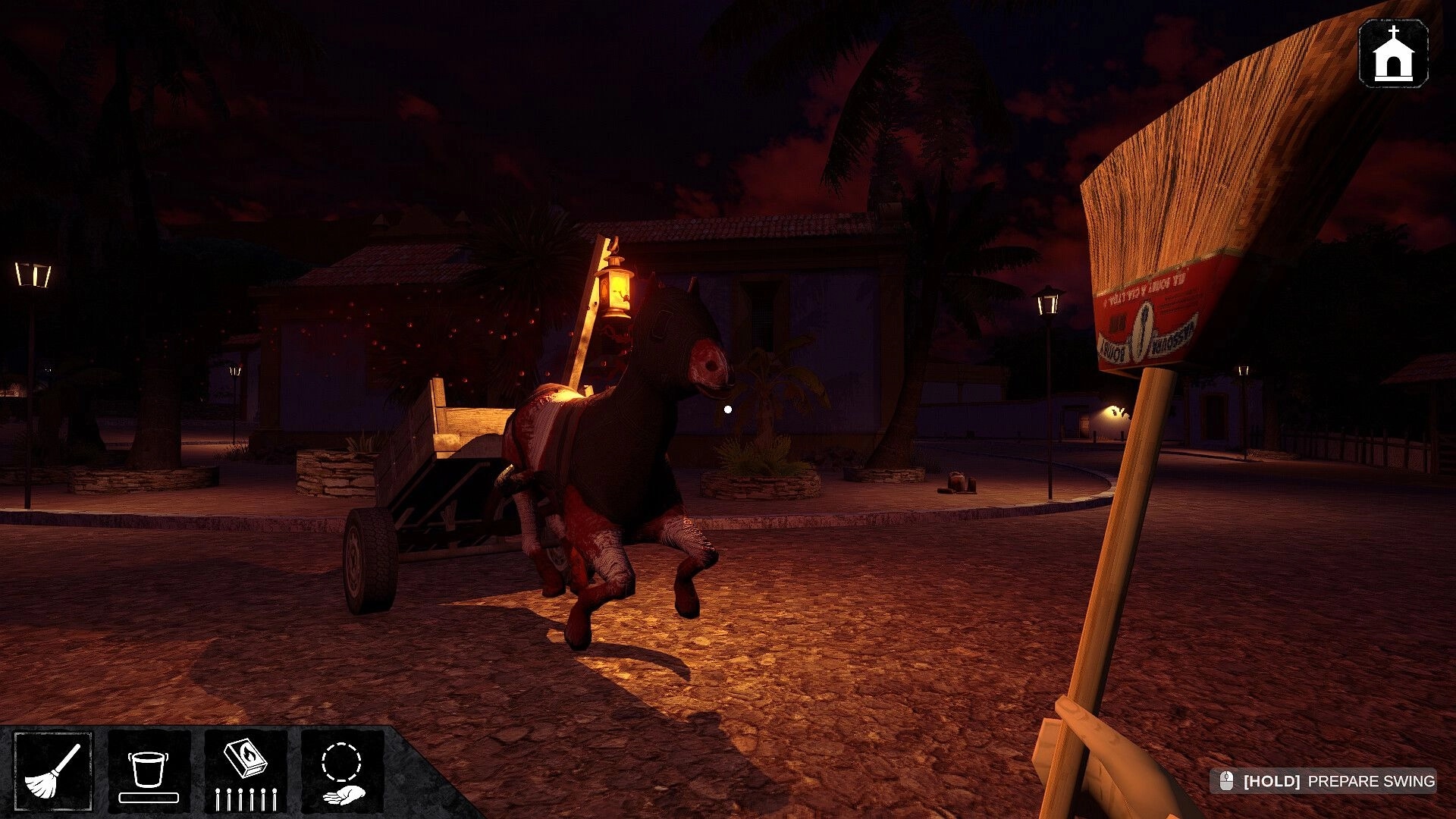 Restless Rites: Player wields broom at night in village, horse cart nearby, UI shows cleaning tools.