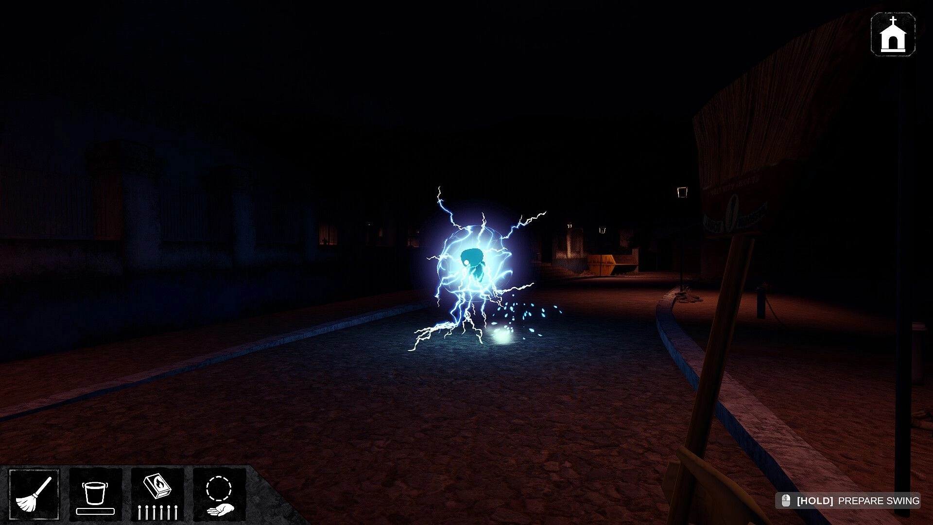 Restless Rites: A glowing specter crackles with electricity on a dimly lit street, broom held in foreground.
