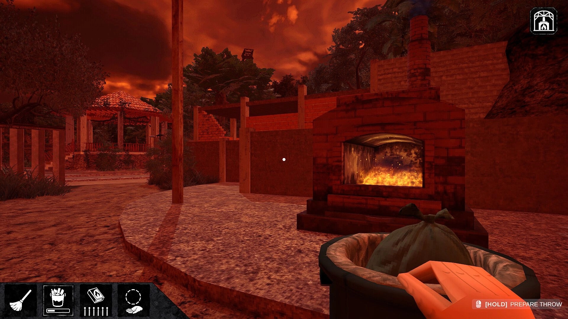 Restless Rites: Player near chapel fireplace holding trash bag in eerie red-lit outdoor setting