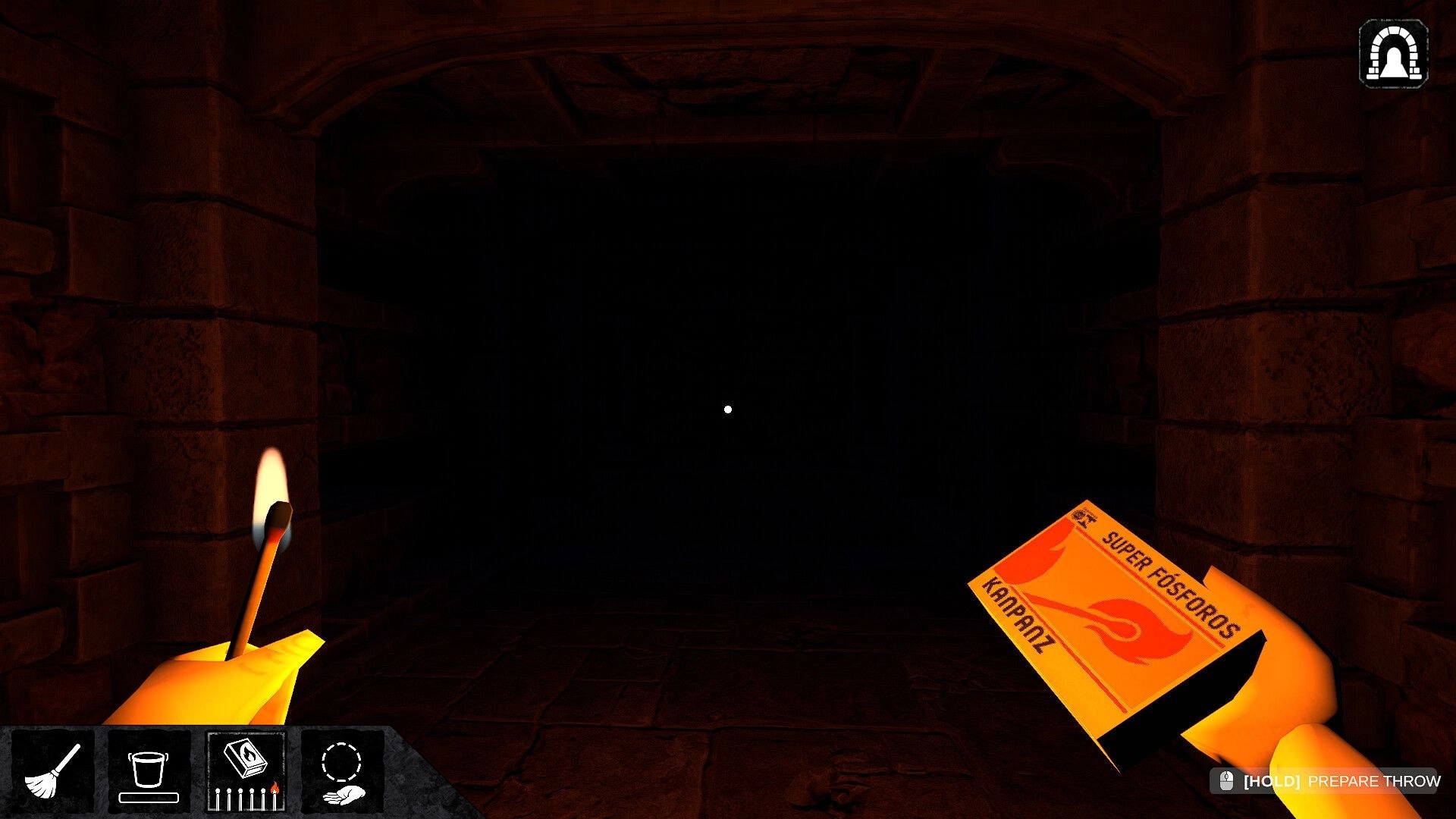 Restless Rites: Exploring dark chapel corridor with lit match and matchbox, UI elements at bottom.