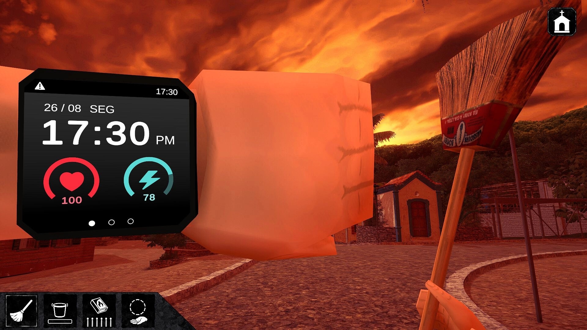 Restless Rites: Player holds broom, smartwatch shows time and stats, chapel visible under fiery sky.