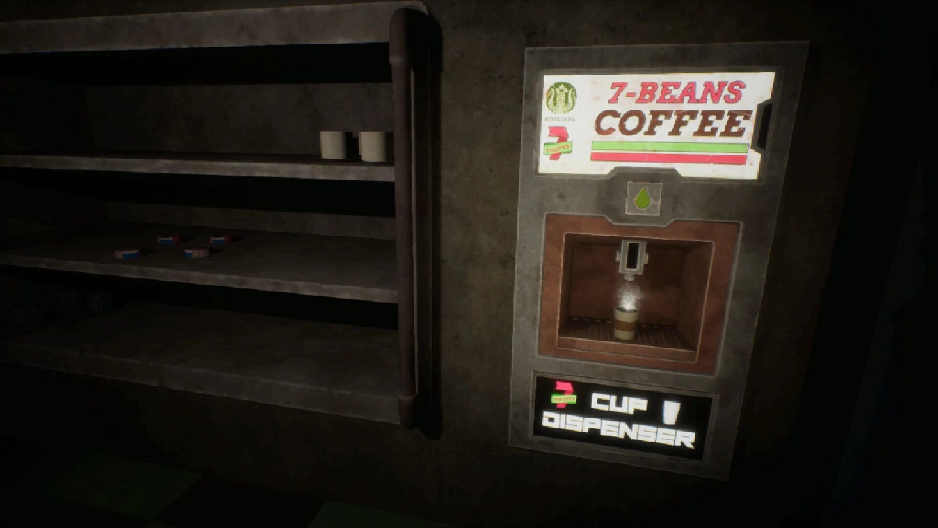 Retail Hell: Coffee dispenser filling a paper cup beside mostly empty shelves in a dim back room.