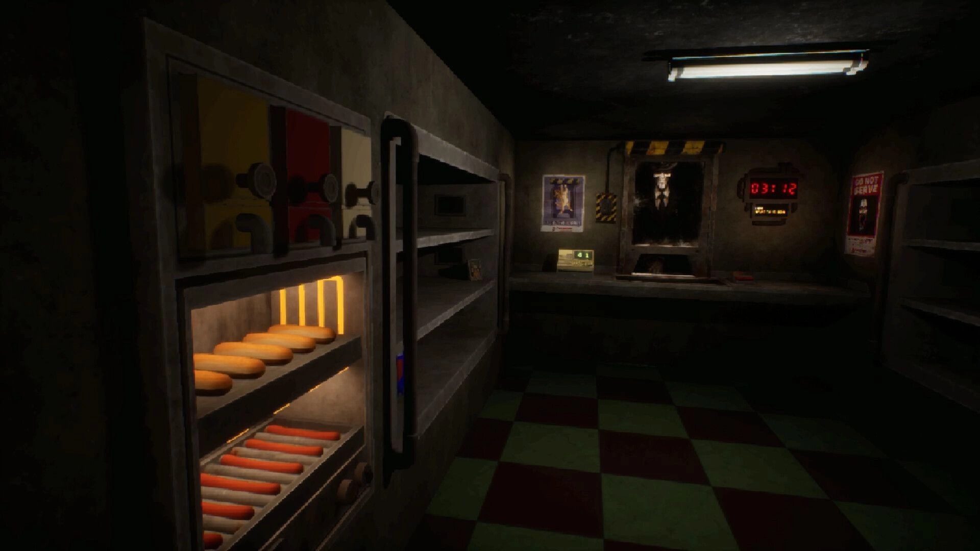 Retail Hell: Empty store aisle with glowing hot dog warmer and checkout window in dim backroom.