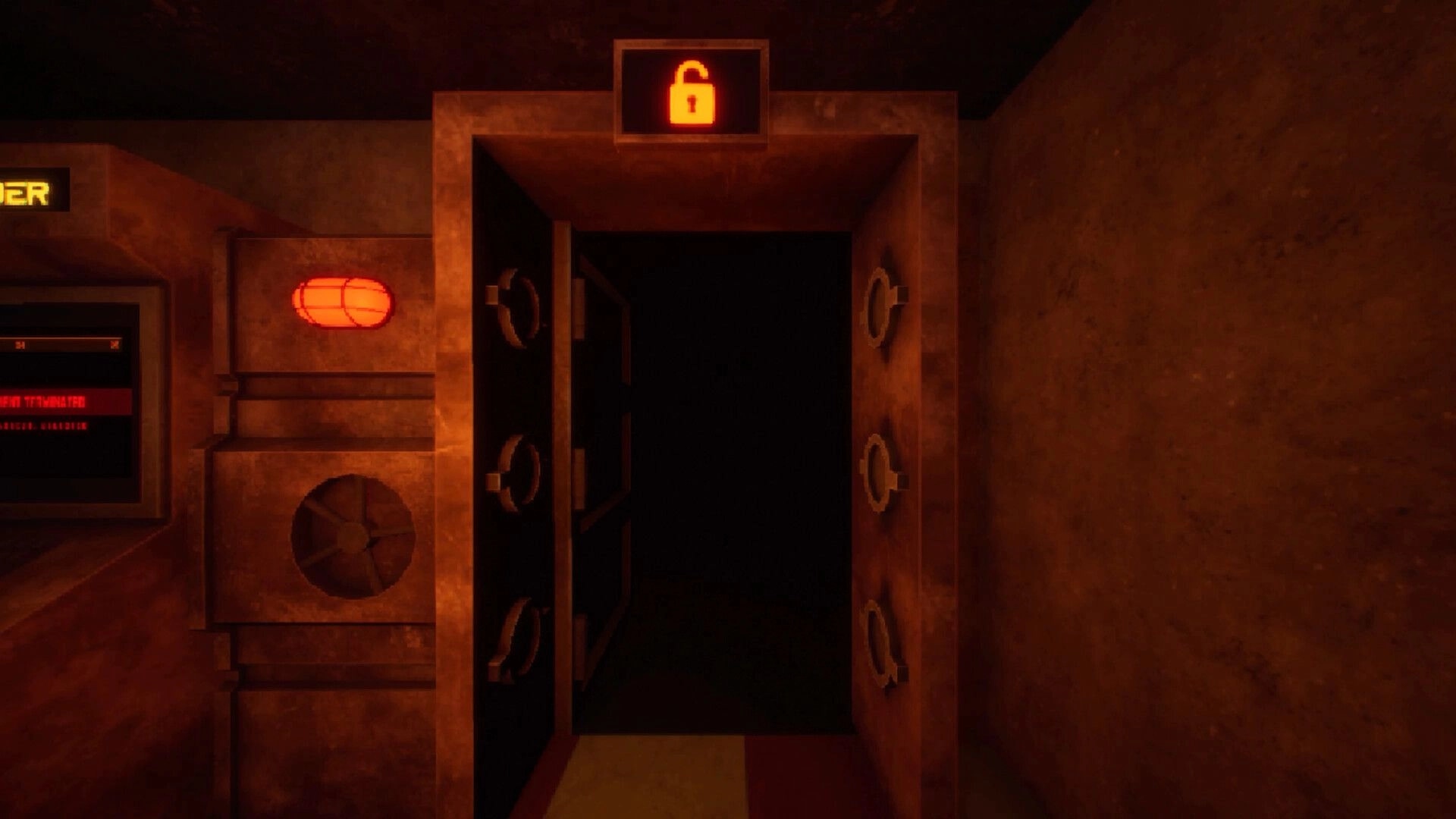 Retail Hell: Open metal vault door with glowing lock icon leading into darkness in rusty corridor.