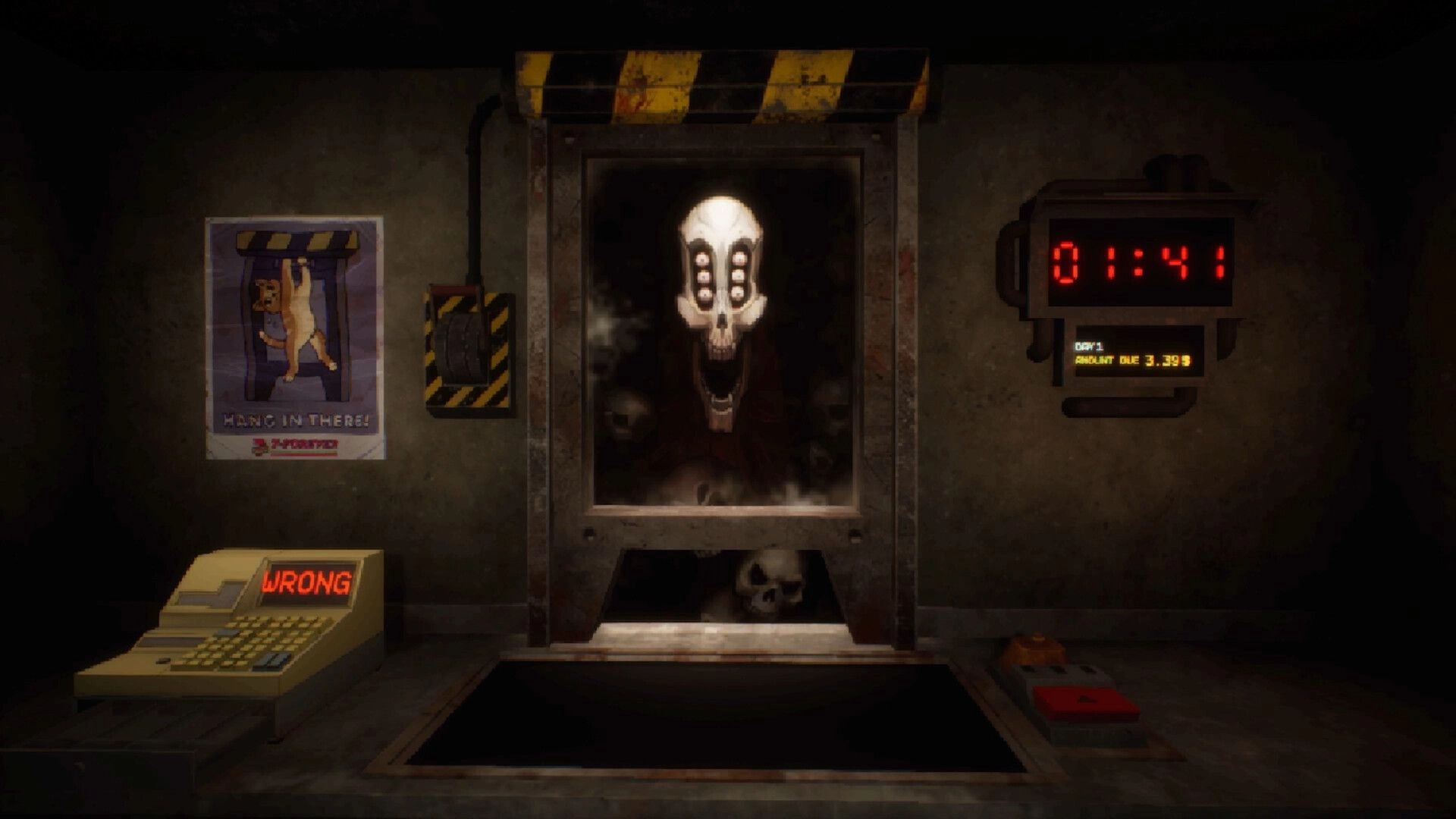 Retail Hell: Skull-faced creature looms at service window beside WRONG register and timer UI in shop.