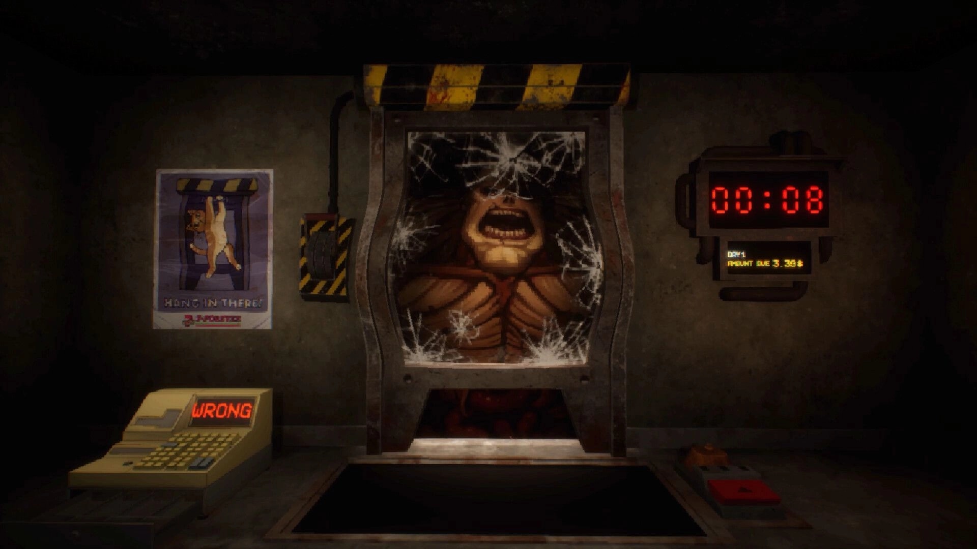 Retail Hell: Grotesque customer presses against cracked checkout glass as timer reads 00:08 in store booth.