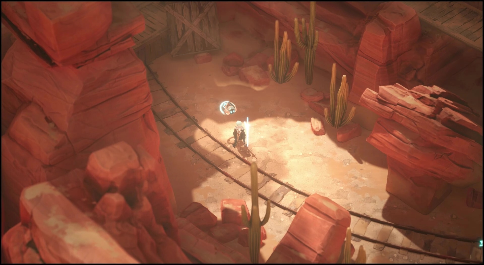 Retrace The Light: Enforcer explores a desert canyon with cacti, rocky walls, and abandoned tracks.
