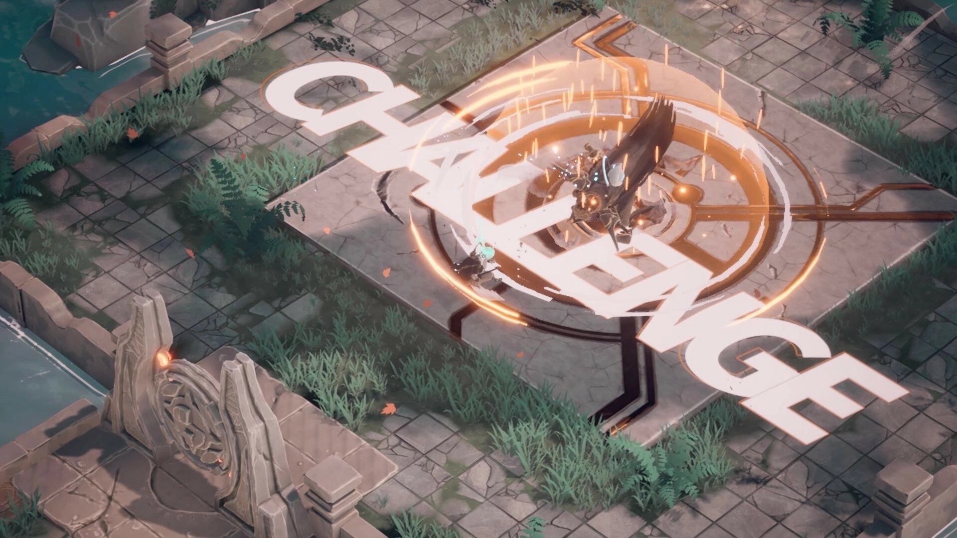 Retrace The Light: Enforcer facing boss in circular arena with "CHALLENGE" text in overgrown ruins