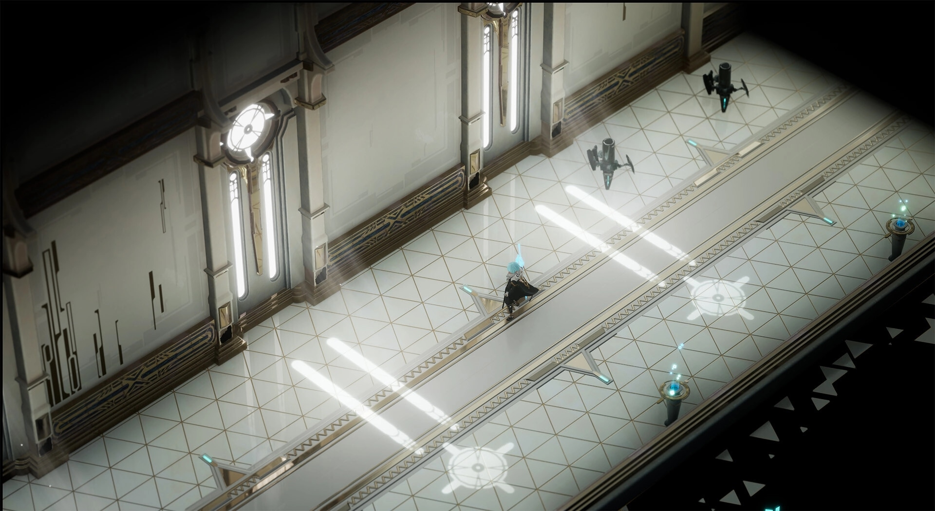 Retrace The Light: Enforcer exploring a futuristic corridor with light patterns and robotic sentries