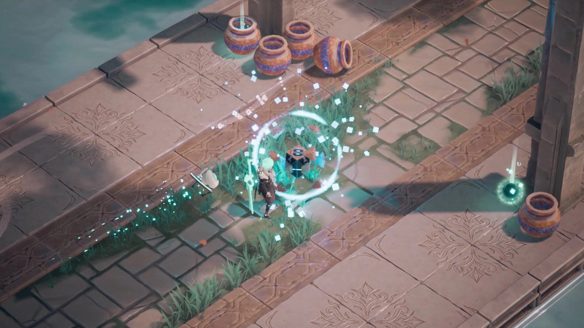 Retrace The Light: Enforcer activating a glowing cube in a stylized stone pathway with ornate jars nearby