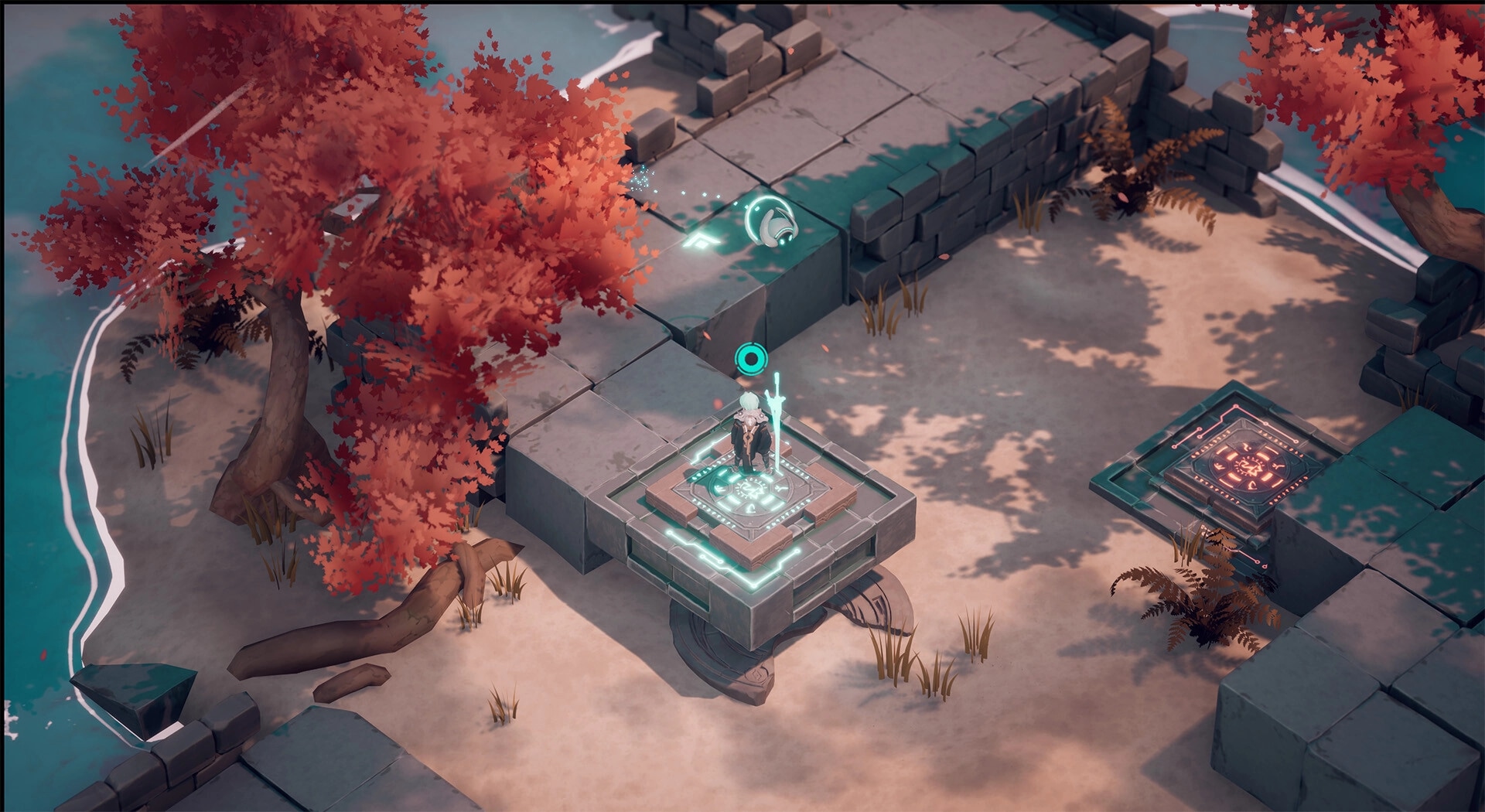 Retrace The Light: Enforcer stands on a glowing platform amid ruins and vibrant red trees by a shoreline