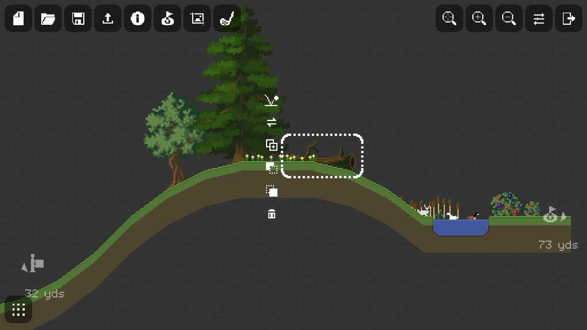 Retro Golf Mania: Course editor interface with trees, water hazard, and distance markers visible