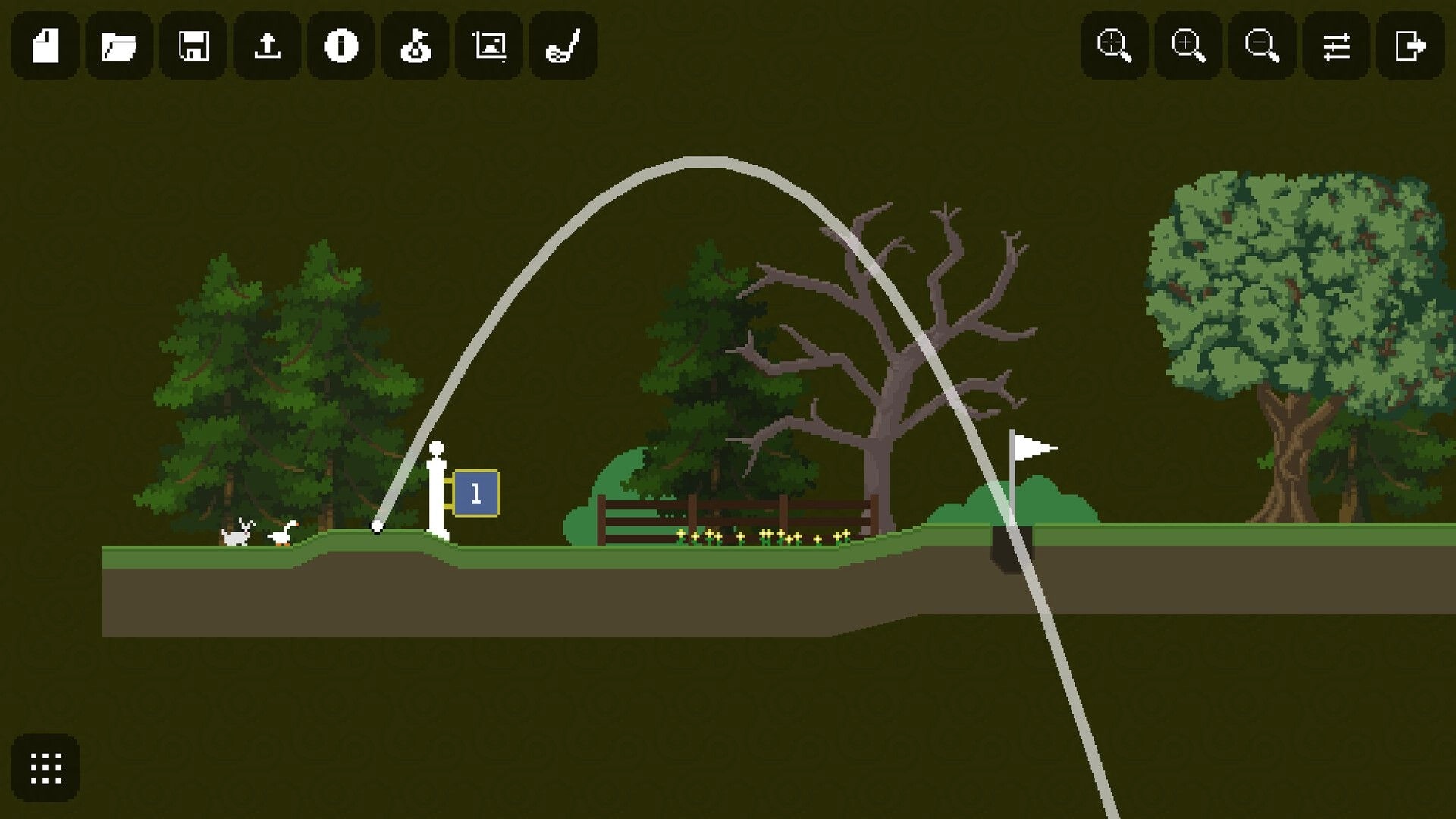 Retro Golf Mania: Golf ball in mid-air with trajectory line over forest course with trees and flag.