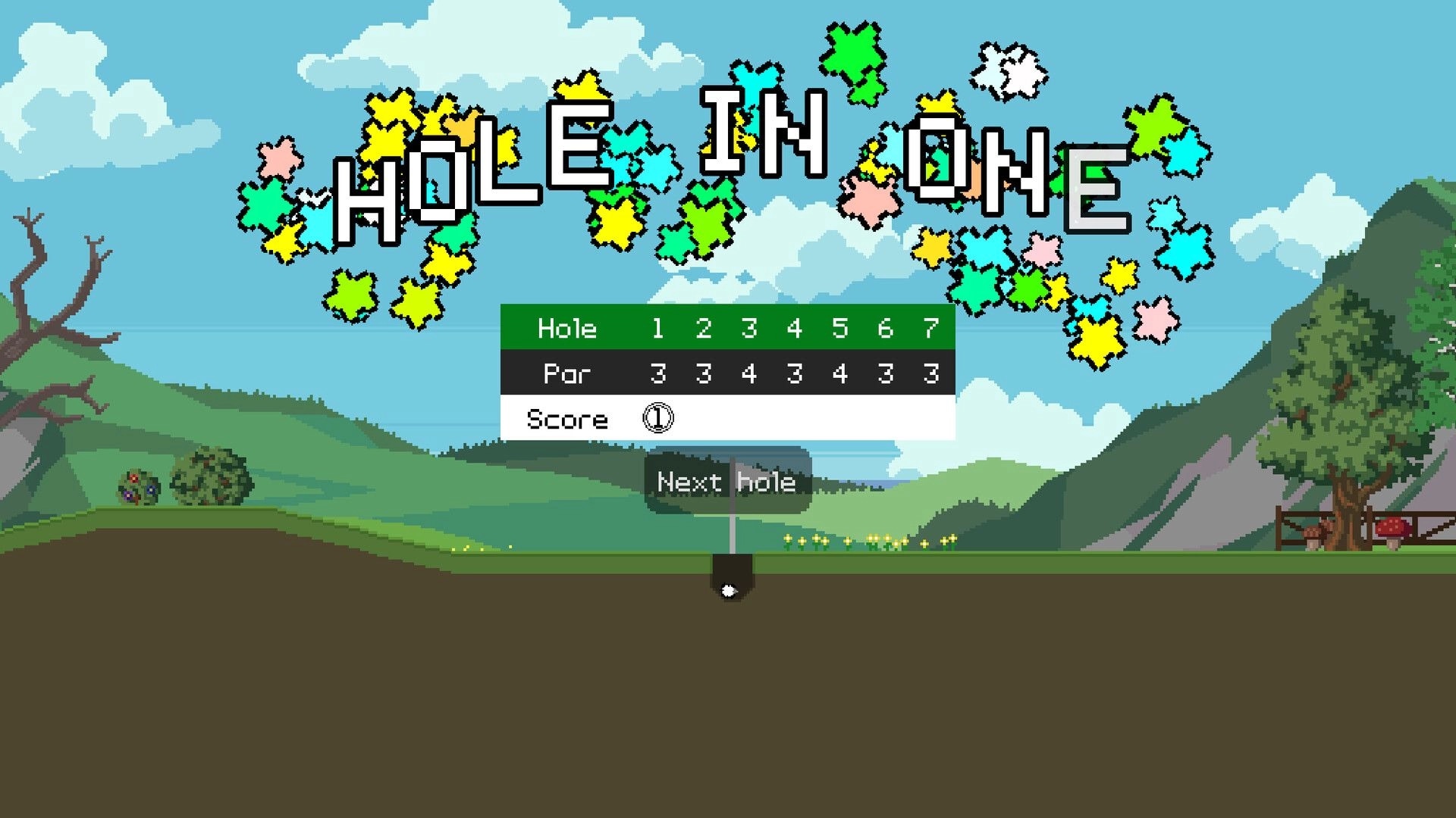 Retro Golf Mania: "Hole in One" celebration with scorecard over pixelated hillside golf course