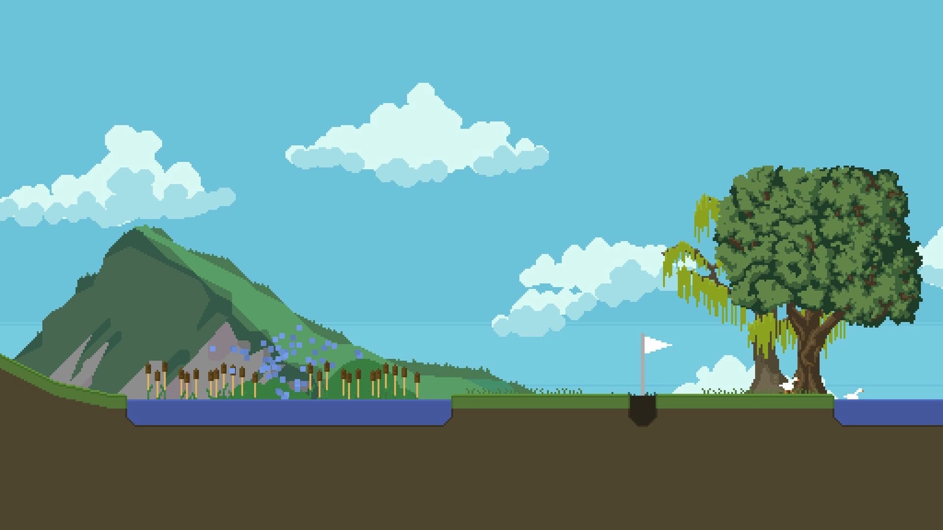 Retro Golf Mania: Golf hole on grassy course with mountain, tree, and ducks under a clear blue sky