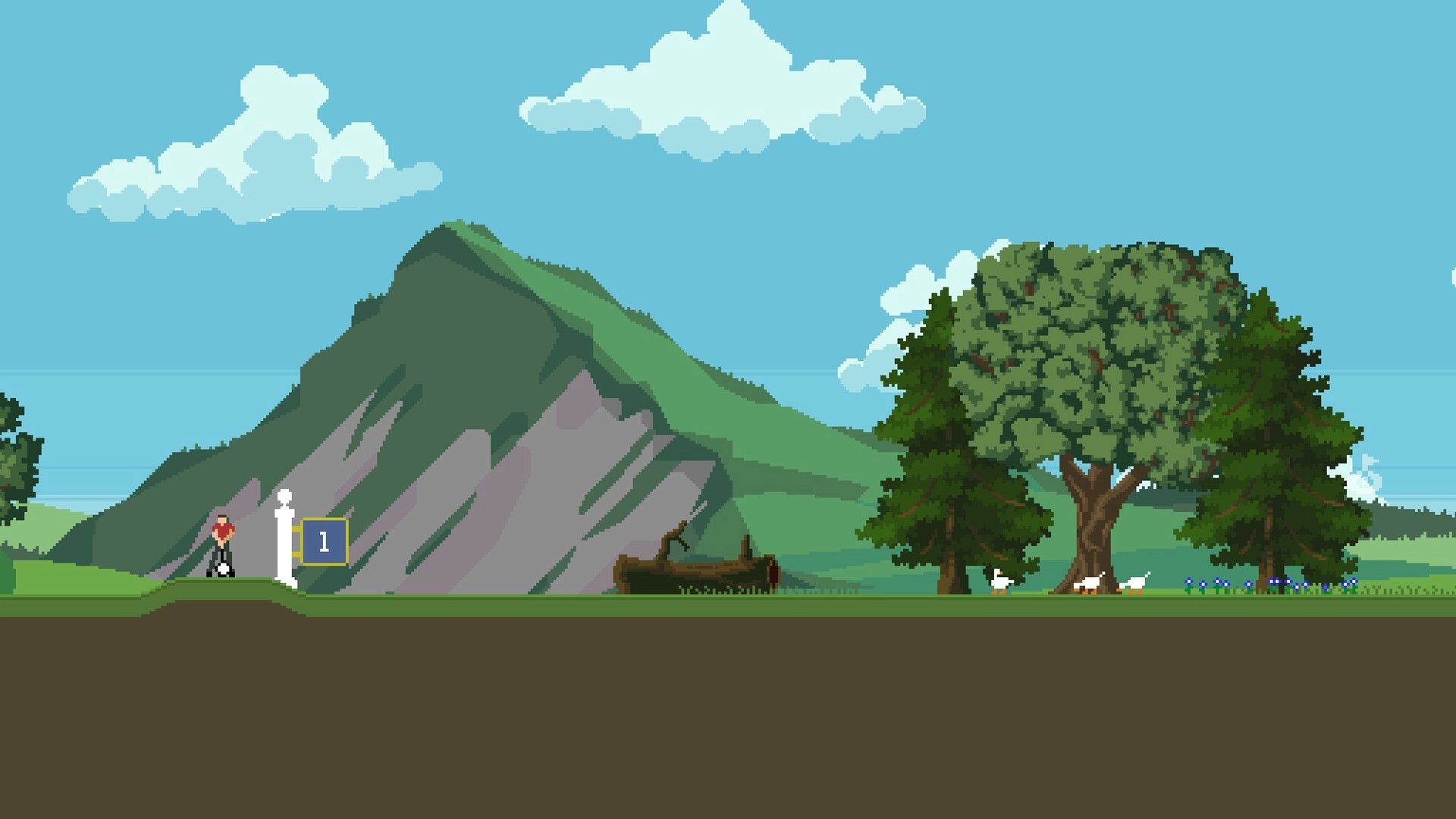 Retro Golf Mania: Golfer at tee with ball, lush trees, and mountain backdrop in pixel art style