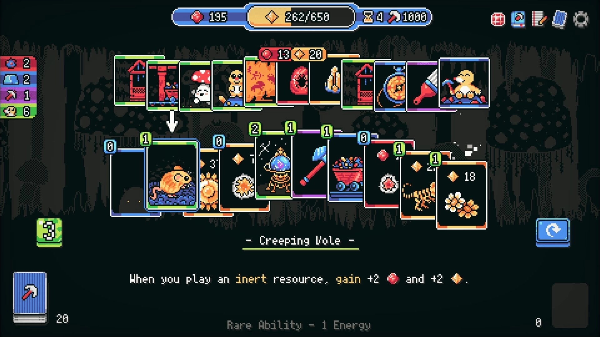 Retromine: Card reward selection with Creeping Hole highlighted in a dark cave interface and stats bar.