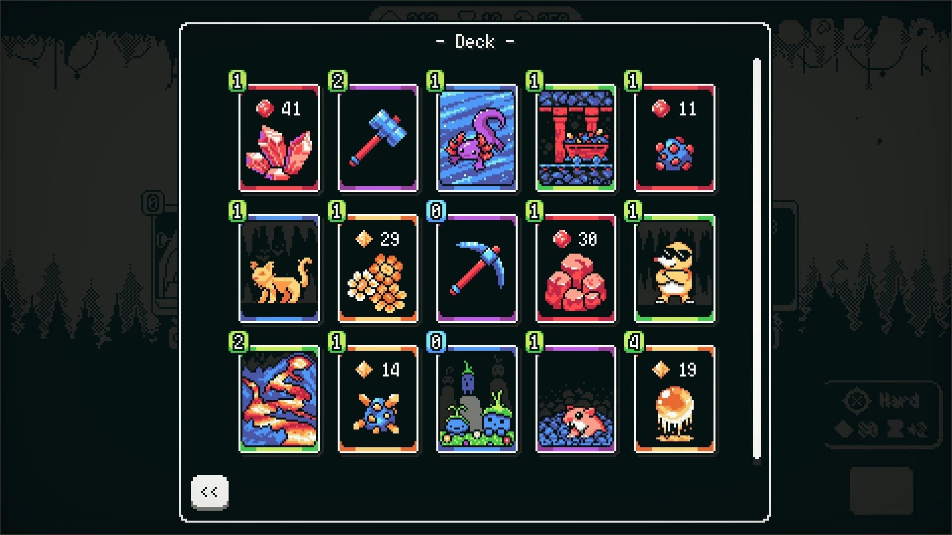 Retromine: Deck screen showing 15 cards with costs and icons like pickaxe, ore, cat, slime cave menu.