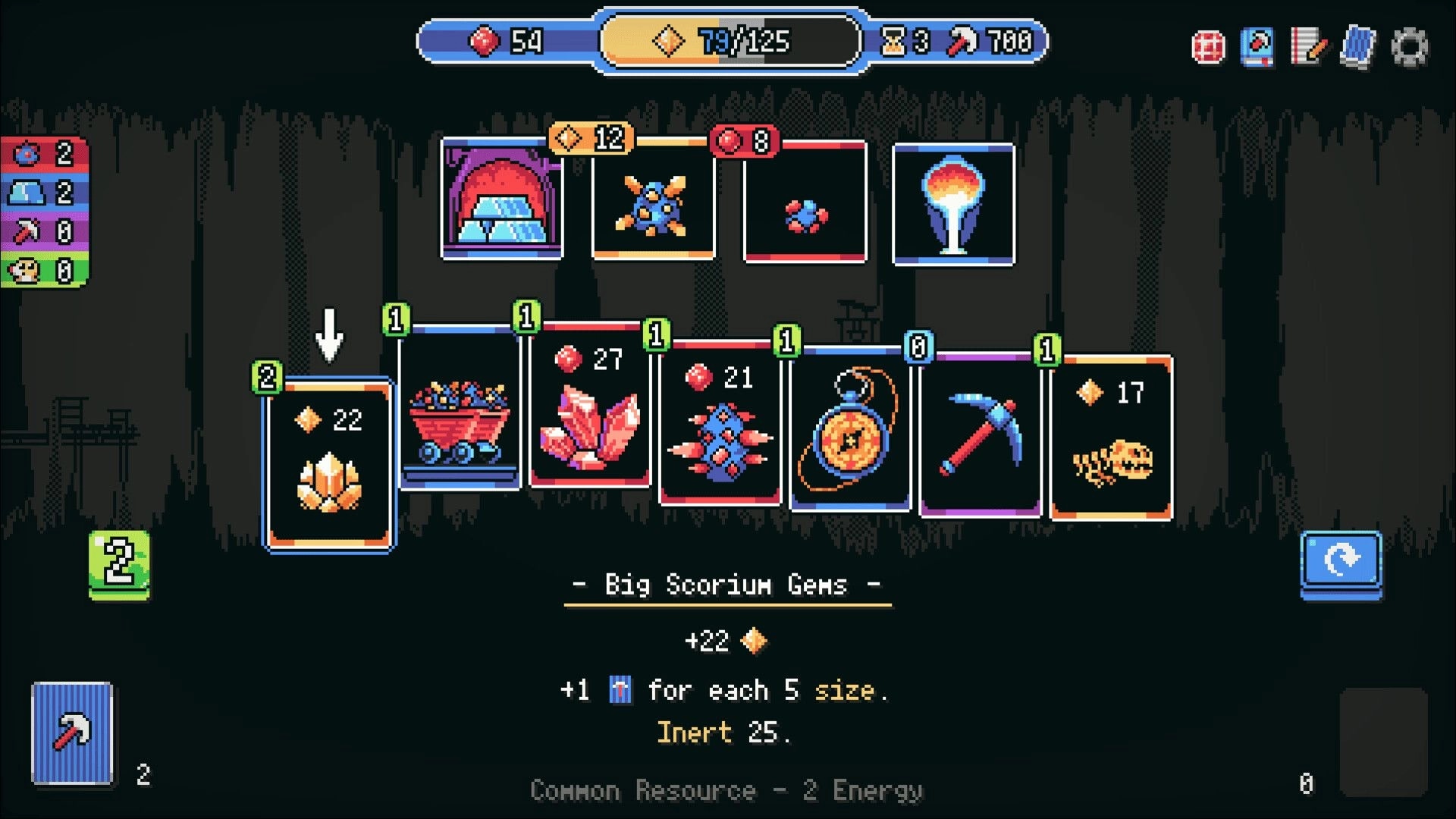 Retromine: Card reward selection with gem, cart, pickaxe and relic icons in a dark cave UI.
